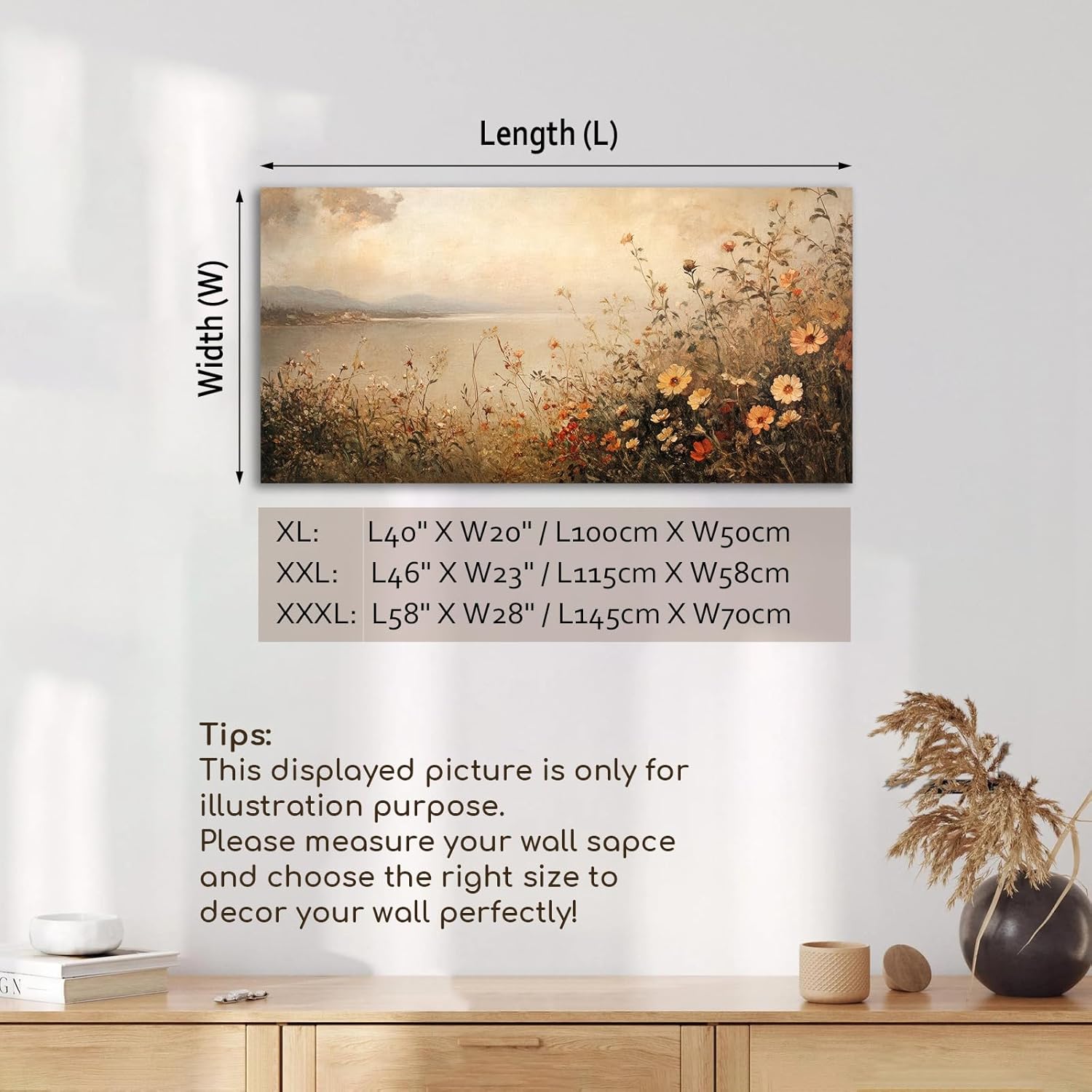 Rustic Canvas Prints Wall Art Lakeside Wildflower Field 40"x20", Neutral Tone Soft Landscape Artwork Misty Shore Bloom Prints Earthy Flower Pictures Framed Wall Decor for Living Room Bedroom Home