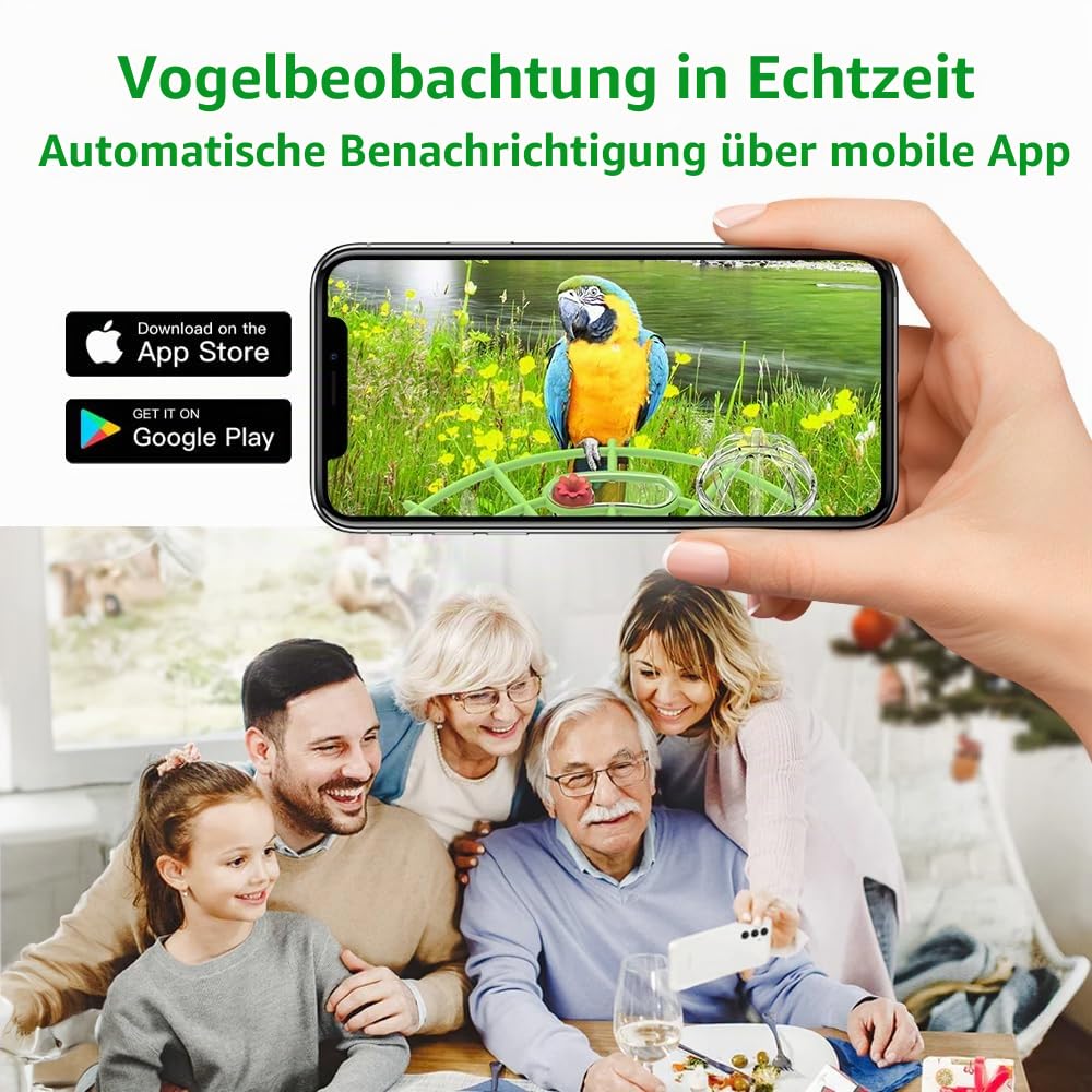 Vogelfutterhaus mit Kamera, Vogelhaus mit 4MP Kamera, Vogelfutterspender Garten, Vogelfutterstation mit Video/Fotoaufnahme, KI Identifizierung, Bewegungserkennung, Alarm, Nachtsicht, IP65 Wasserdicht