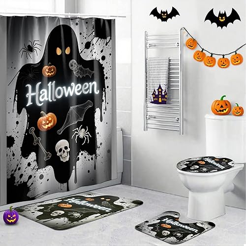 Miniatura 35 de Juego de 4 cortinas de ducha de Halloween, juego de baño de Halloween con cortina de ducha y alfombras, cubierta de tapa de inodoro, cortina de