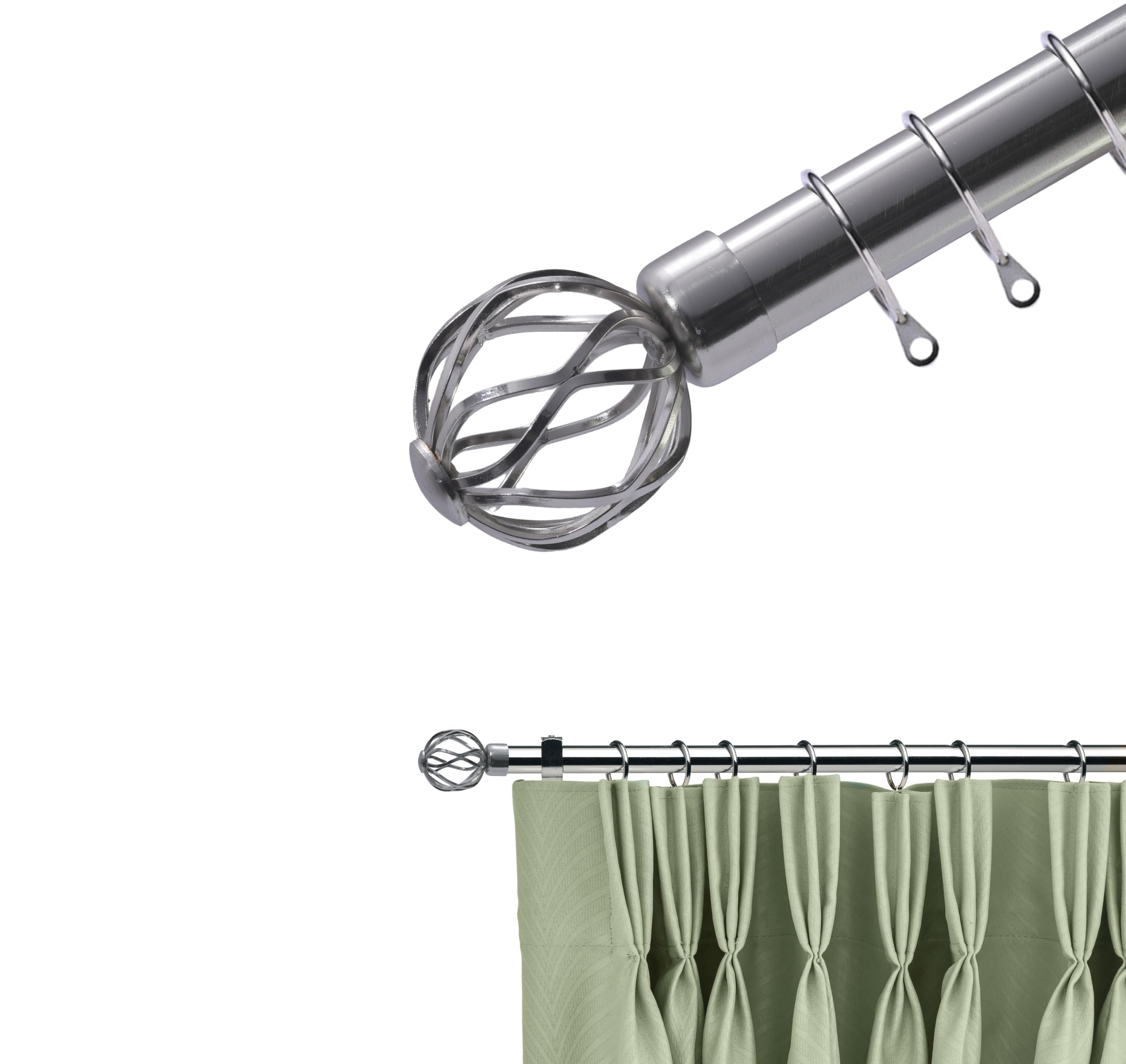 Lister Cartwright 28mm Polished Steel Adjustable Extendable Metal Curtain Pole Set Rings with Globe Cage Finial Easy fit to Outdoor, Bedroom, Living Room (210-320 cm) — image 1