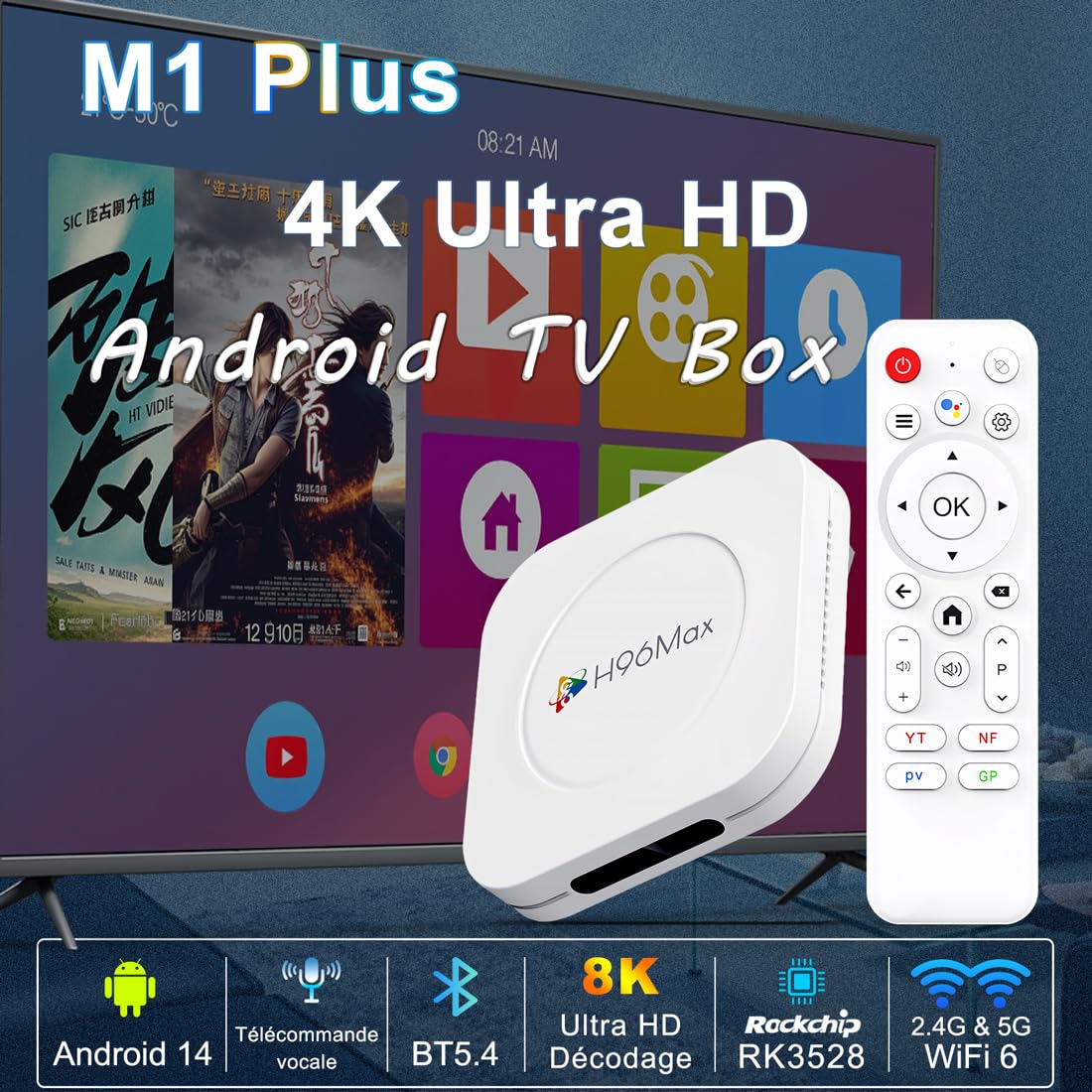 Boîtier TV Android 14 LEFFOT M1 - 4 Go RAM, 128 Go ROM, 4K/8K, Wi-Fi 6, Bluetooth 5.4, RK3528