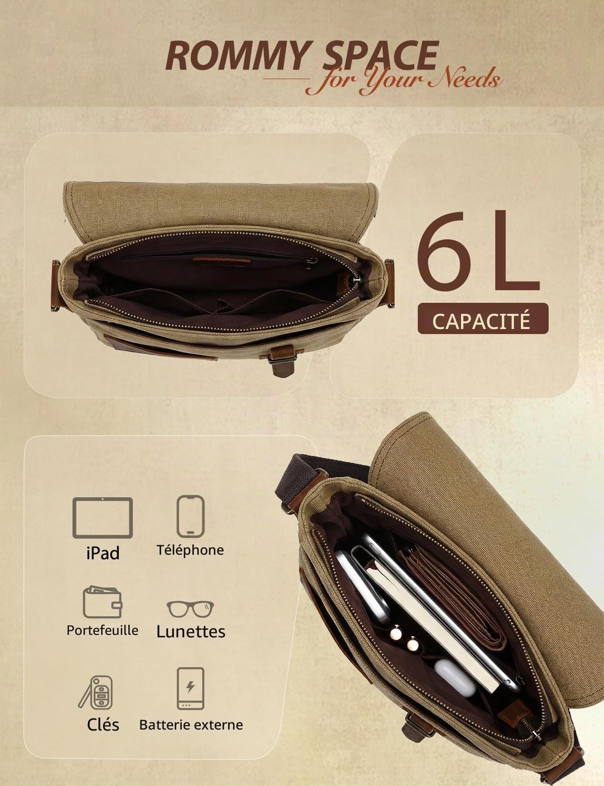 VASCHY Petit sac à bandoulière pour homme en toile vintage en cuir véritable - Sac à bandoulière classique pour le travail, l'école, la vie quotidienne