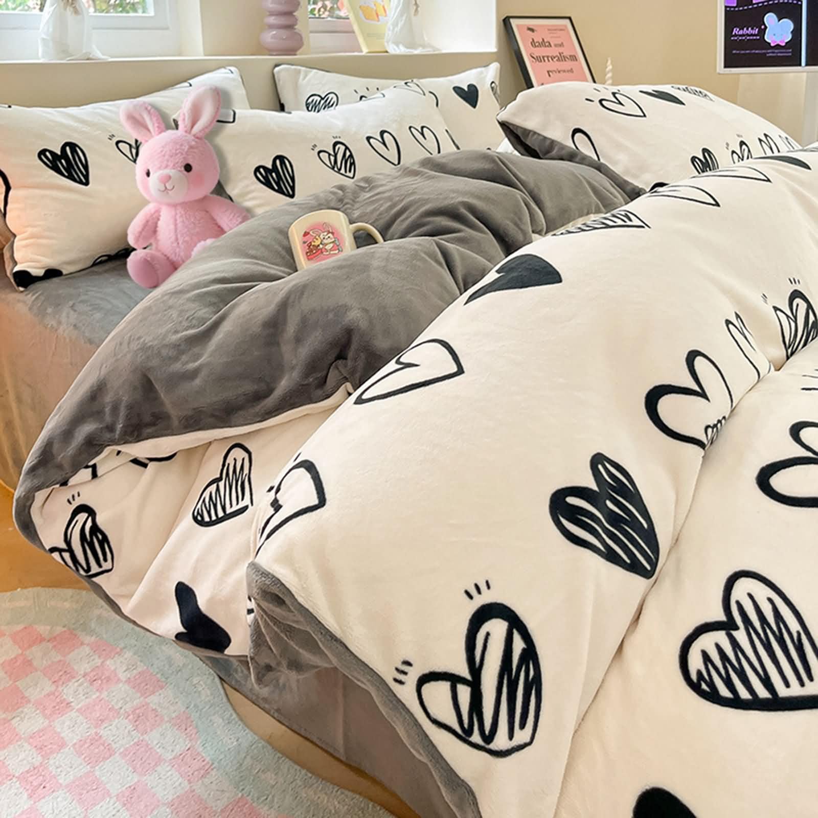 Gualiy Komplet pościeli na kołdrę, 4-częściowy zestaw pościeli z aksamitnego serca, super king, zawiera 1 poszewkę na kołdrę 200 x 230 cm z 1 płaskim prześcieradłem i 2 poszewkami na poduszki