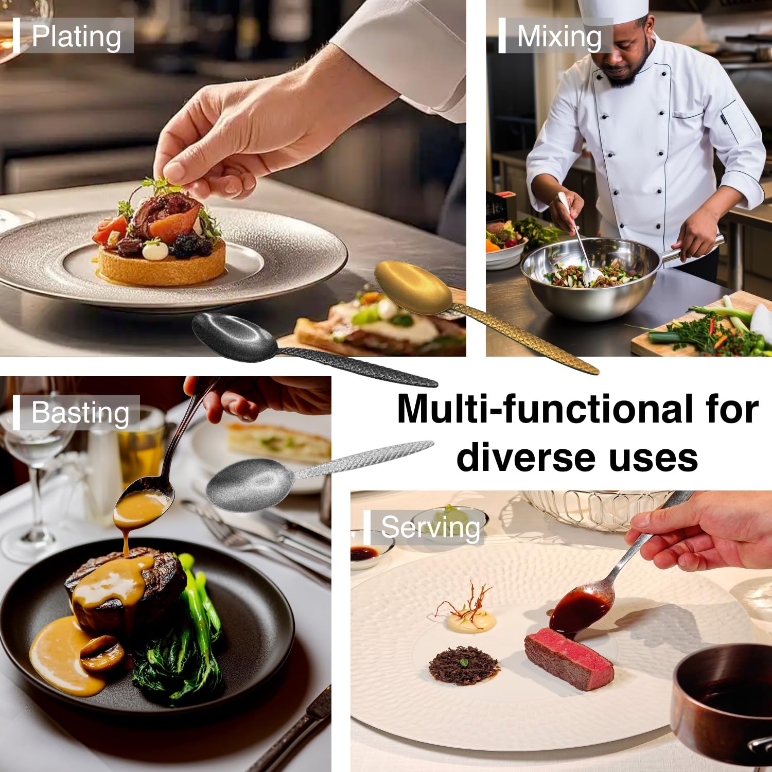 Chef Kunz Löffel, 18/10 Edelstahl, professionelles Set zum Backen, Plattieren, Quenelle, Servieren, Saucen, kulinarische Beschichtungswerkzeuge mit rutschfestem Griff (Silber)