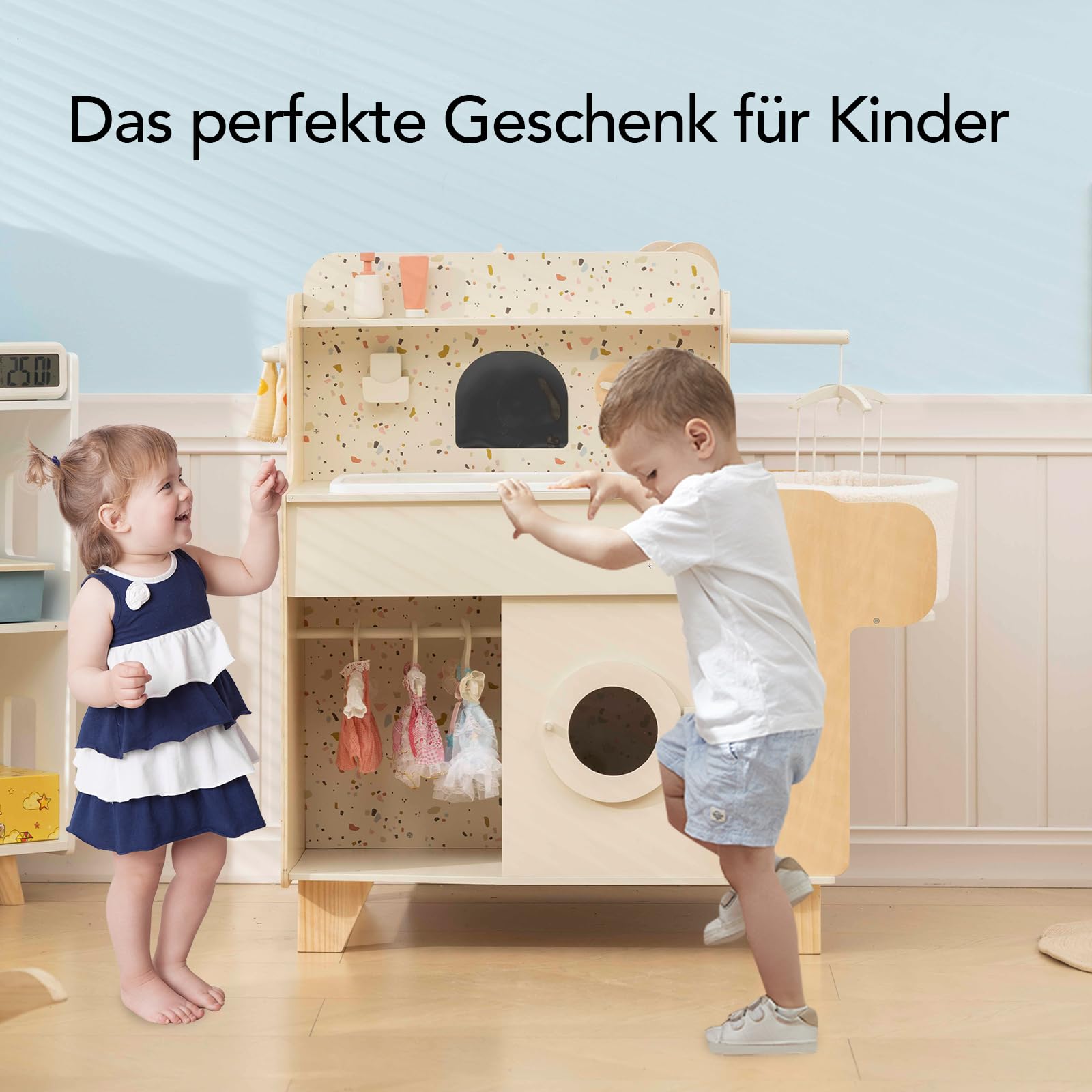 Holz-Spielzeugwiege, 4-in-1-Holzspielset zur Babypflege mit Wiege, Montessori-Rollenspielzeug für Kinder von 3 bis 9 Jahren, Geschenk für Jungen und Mädchen