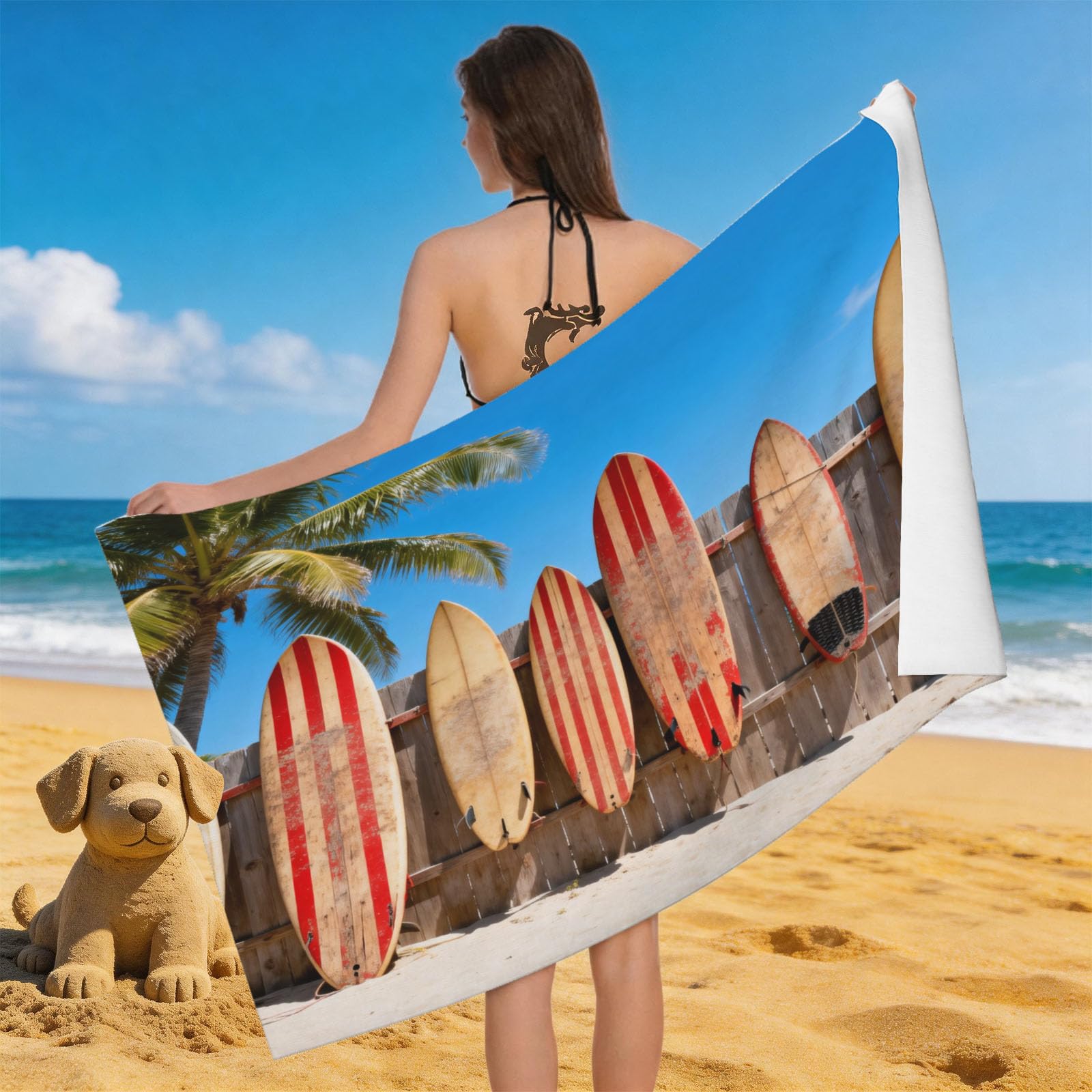 Leichong 3D Surfboard Beach Towel Large Microfiber Soft Quick Dry for Adults, Ocean Theme Bath Towel Lightweight Soft Absorbent for Travel Swimming Pool Sports, 180 x 90 cm