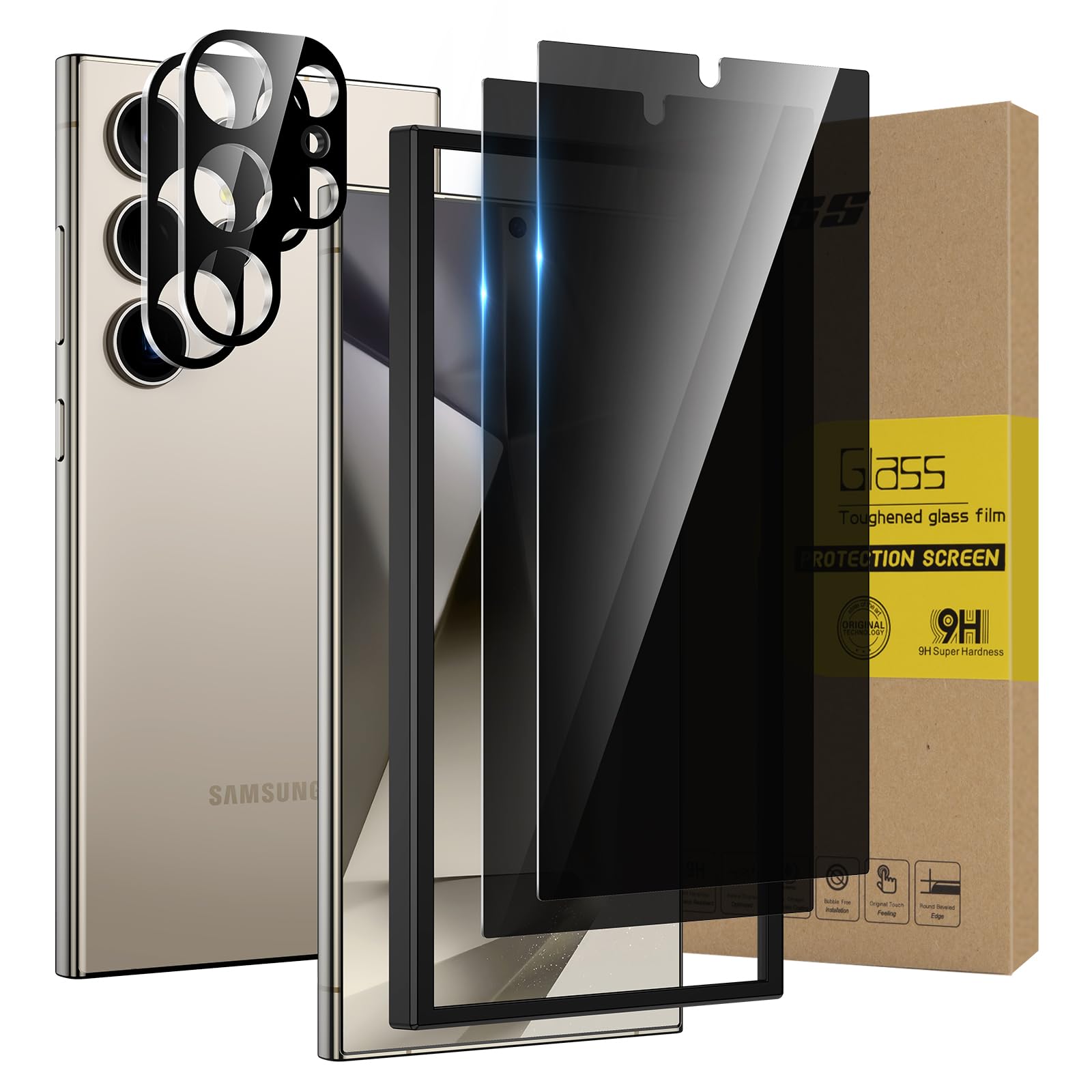 Wayneer Privacy Pellicola Protettiva per Samsung Galaxy S24 Plus, 2 Pezzi Vetro AntiSpy Protettivo 2 Pezzi Pellicola Fotocamera, Durezza 9H Anti-Spia Anti-Graffio Anti Spy Vetro Temperato Protettiva