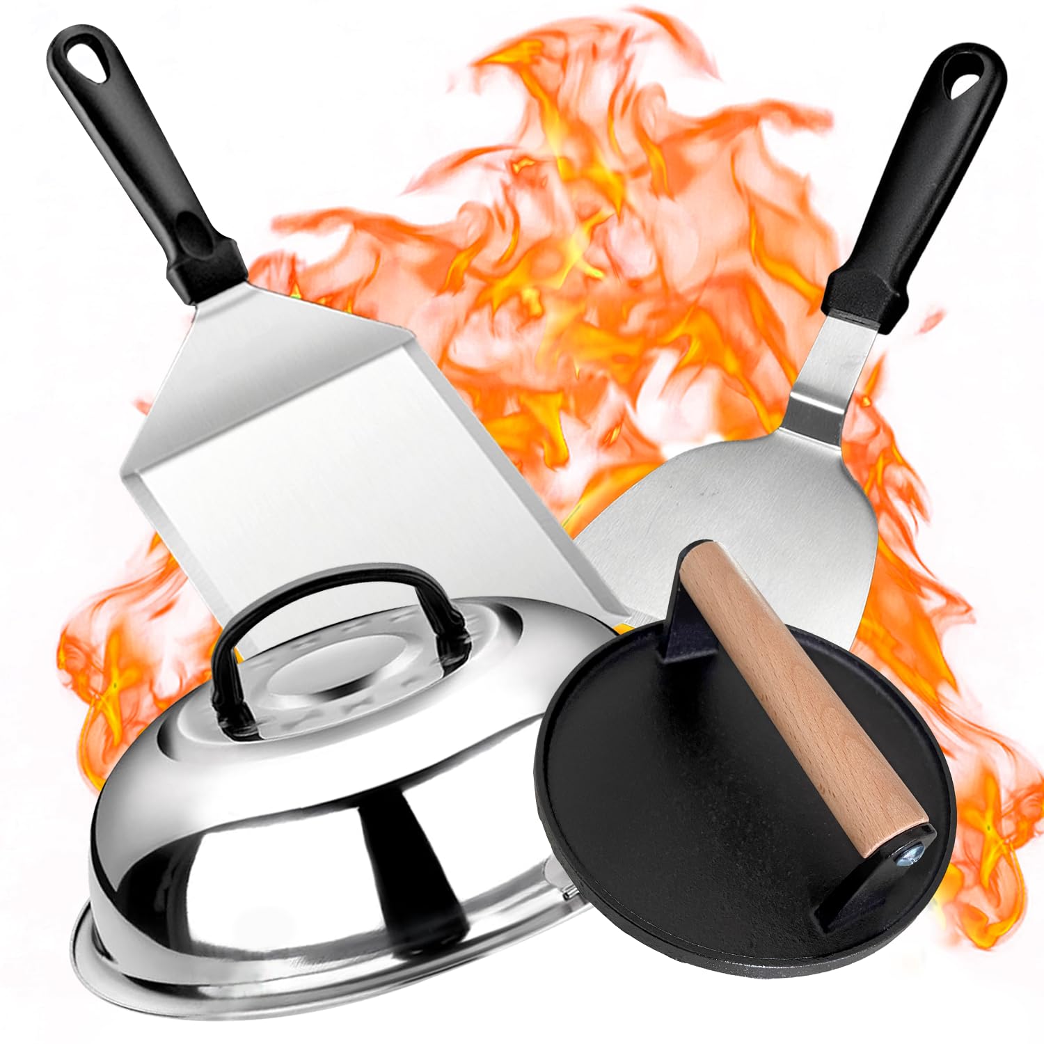 Kit Accessori Barbecue con Grande Pressa Hamburger, Spatola Cucina Acciaio Inox, Spatole per Hamburger, Burger Dome, BBQ Regali per Uomini, Smash Burger Press Set Professionali per Planchas Teppanyaki