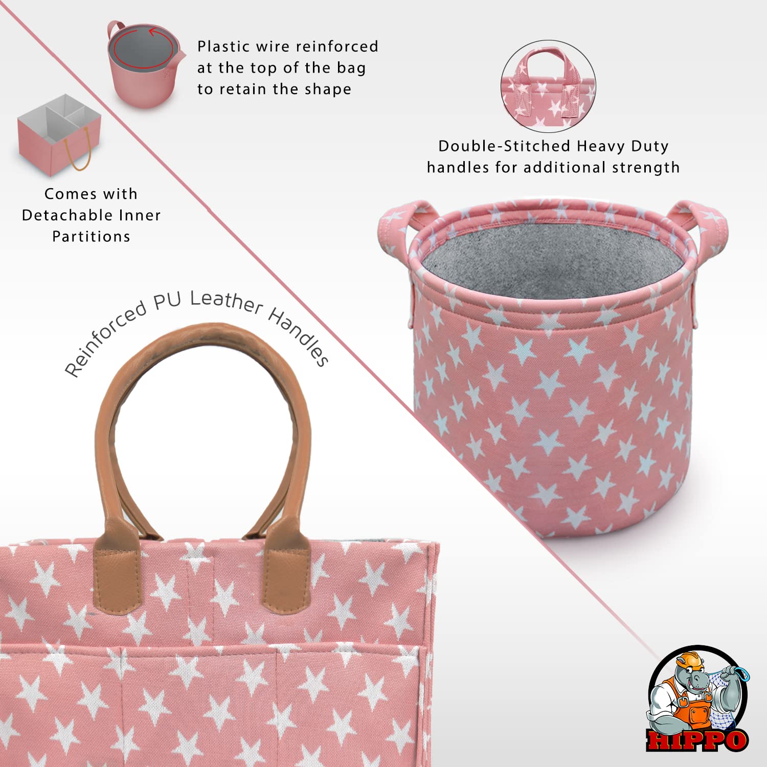 HIPPO 2IN1 Designer Polyester Diaper Caddy & Toy Bin Smart Combo for Newborn Babies Unbreakable Toy Bins Foldable Diaper Bag Large Capacity (Pink-Star, 1) - Image 5 thumbnail