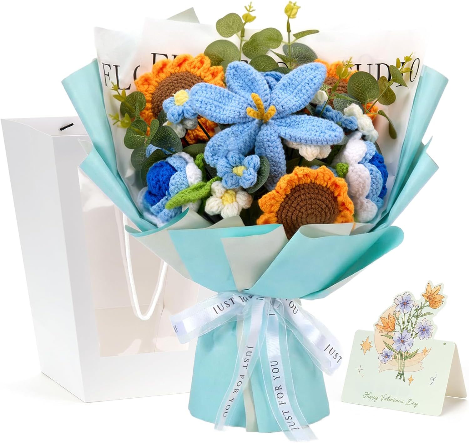 Hand-made Crocheted Flower Bouquet, 24 Flowers and 15" Tall, Taller and Plumper Knitted Rose, Galsang and Sunflowers Come with Gift Bag & Greeting Card,Gift for Mother’s Day,Teacher’s Day,Valentine