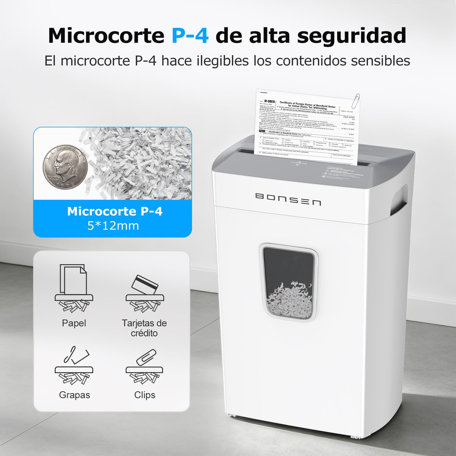 BONSEN Destructora de Papel Microcorte 12 Hojas, Silenciosa 60dB, S5211-W | Depósito 21L, Nivel de Seguridad P-4, Trituradora de Documentos para Hogar y Oficina, Tarjetas de Crédito, Grapas y Clips
