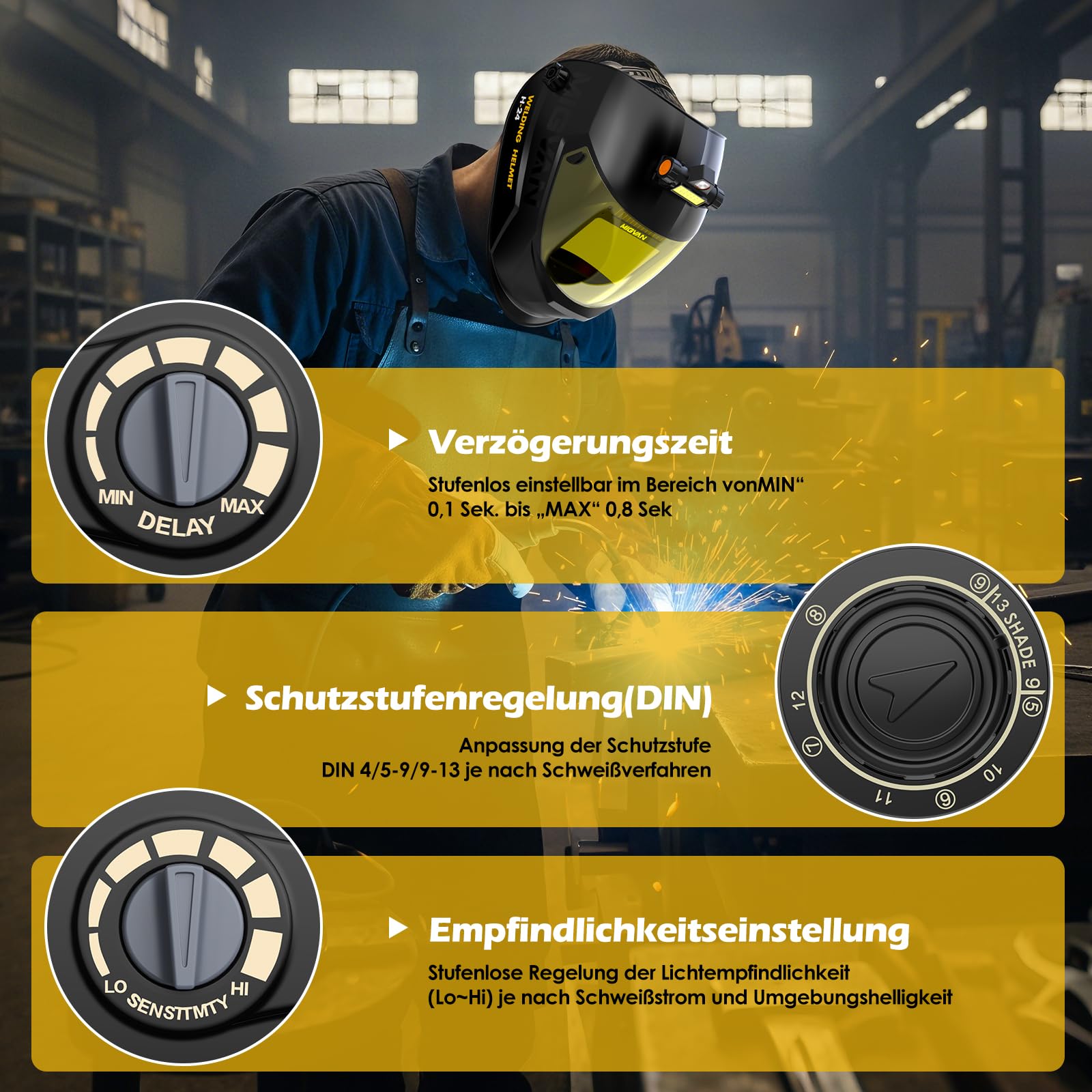 Schweißhelm Automatik mit LED-Licht & True-Color 100x82mm XL Sichtfeld Schweißerhelm 0,1ms Abdunkelung - Profi Schweißmaske Solar für MIG Wig TIG MMA & Schleifen DIN 4/5-9/9-13 H24