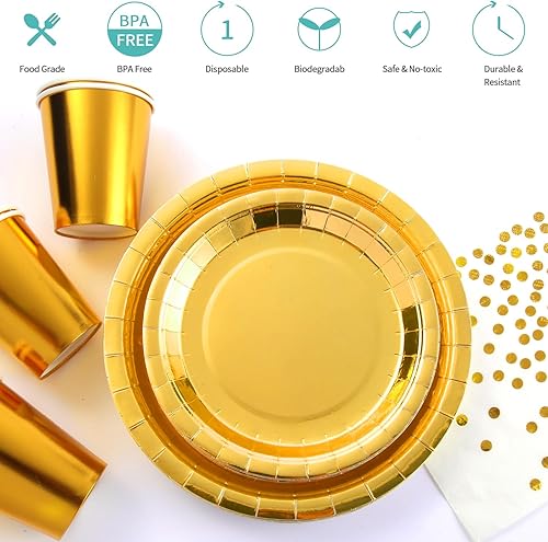 Miniatura 4 de Juego de vajilla desechable de bronce de 175 piezas para fiestas, platos de papel de bronce, servilletas, vasos, tenedores de plástico de bronce,