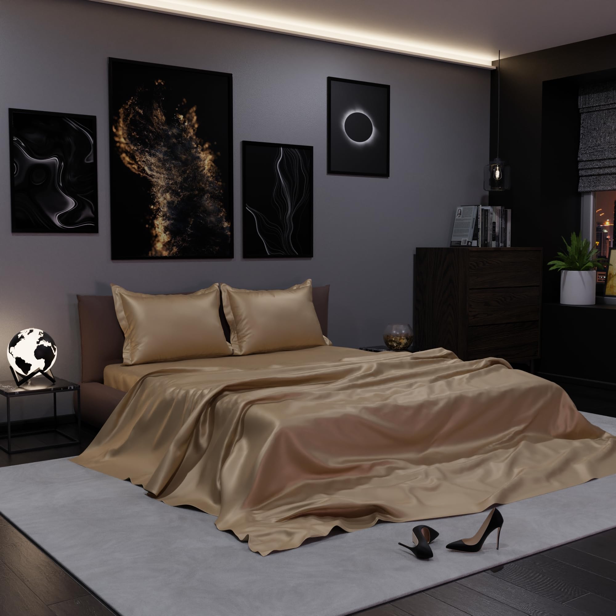 Stoa Paris Satin Bedsheet King Size with 2 Pillow Covers, 300TC Premium Bedsheets King Size, Home Decor, Ultimate Comfort, 274 cm x 228 cm, Date Night - Eternal Glow