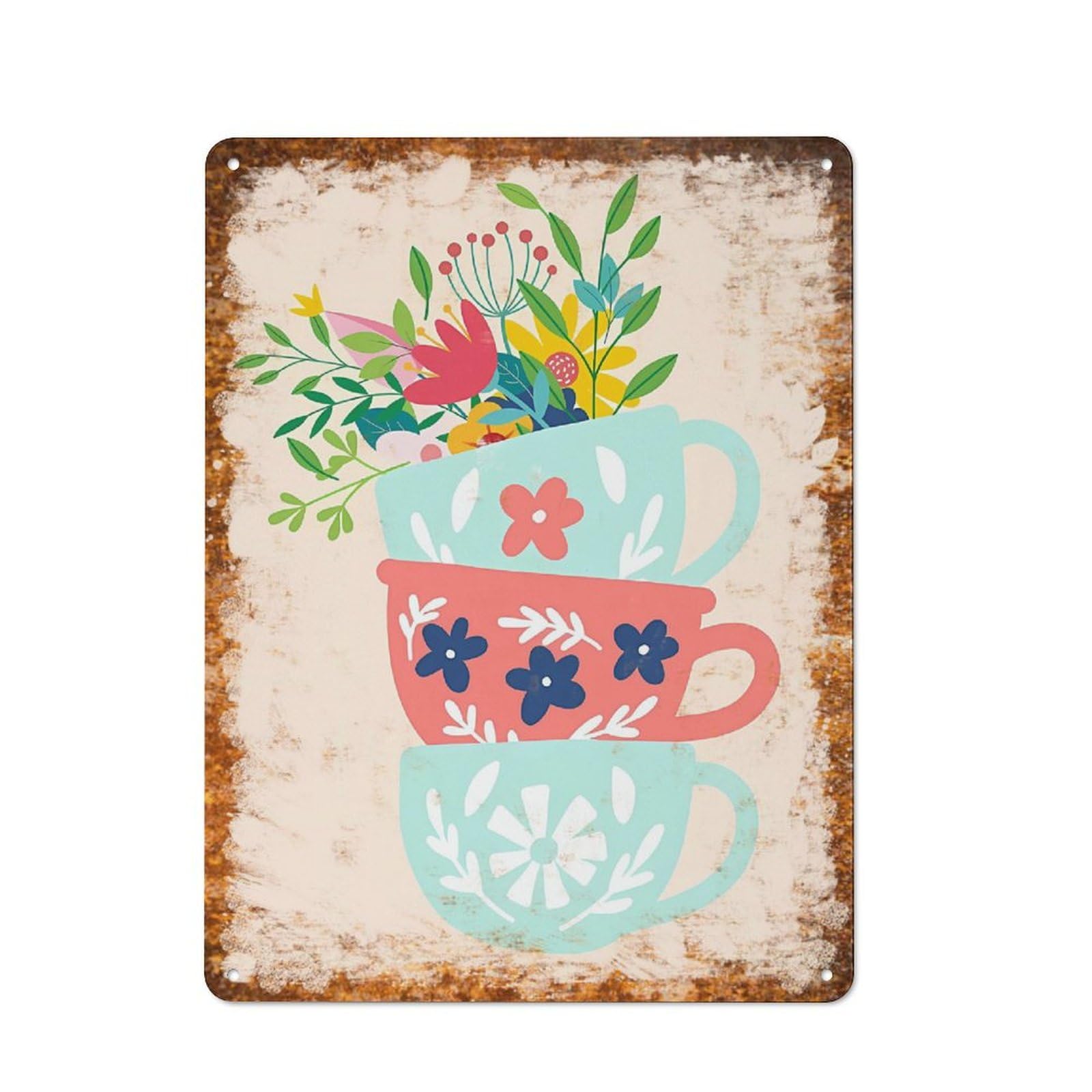 peiyeety Metal Tin Sign Retro Distressed Vintage Rustic Metal Stacked Floral Teacups Watercolor Print Wall Art Decor for Home Kitchen Bedroom Bathroom Farmhouse Living Room Office Apartment 6x8 INCH