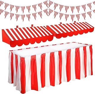 6 Pcs Carnival Party Decorations Set 3D Awning Wall Decorations Carnival Party Table Skirt Circus Pennant Bunting Flags Banner for Carnival Birthday Party Decorations (Red, White)