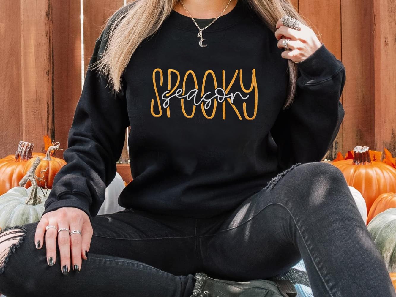 SFHFY Spooky Season Embroidered Sweatshirt Women: Halloween Sweatshirts Boo Graphic Pullover Fall Long Sleeve Top