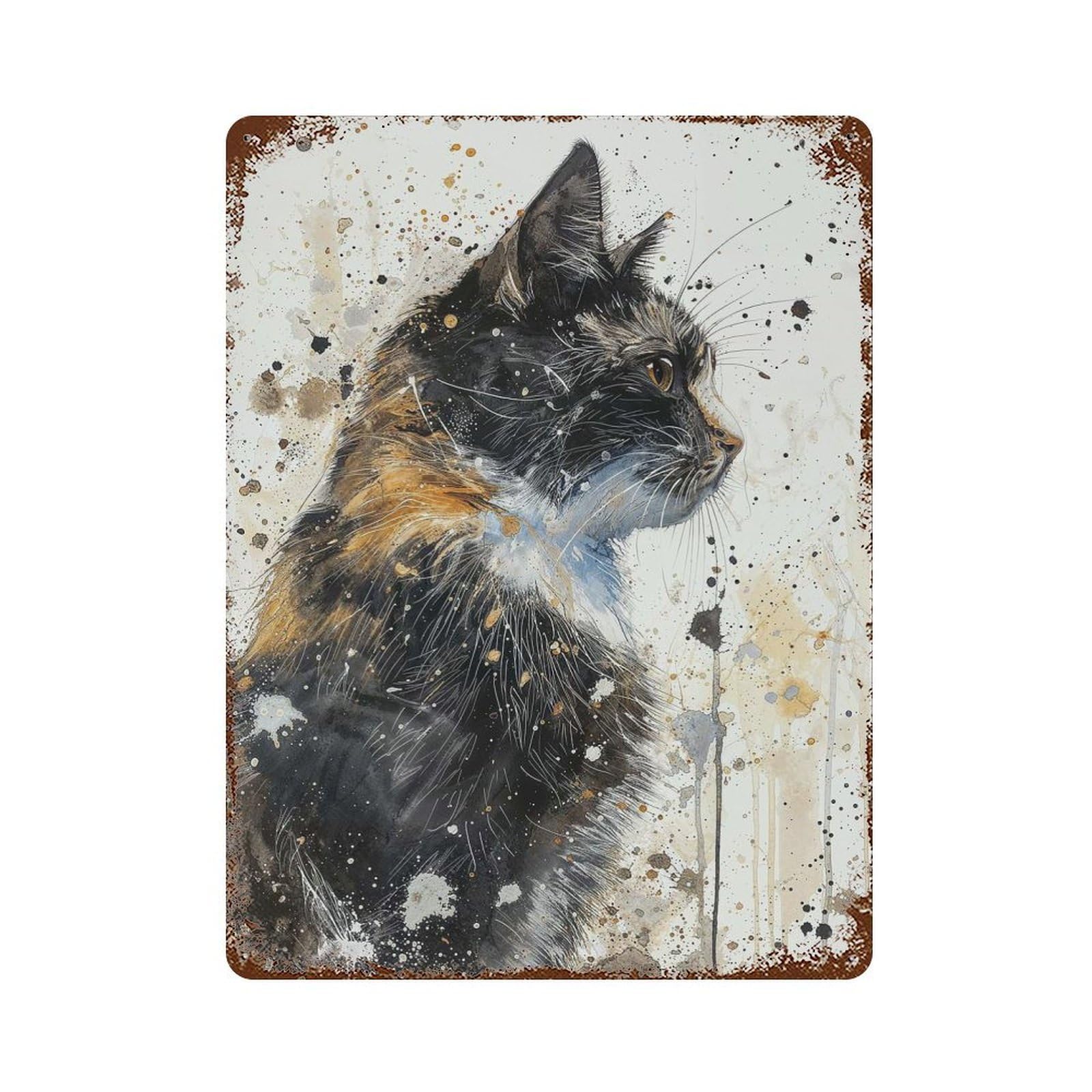 Rusty Metal Tin Sign Cosmic Feline Gaze 15.7"x11.8", Industrial Home Decor for Patio, Garden Room And Bar Decor