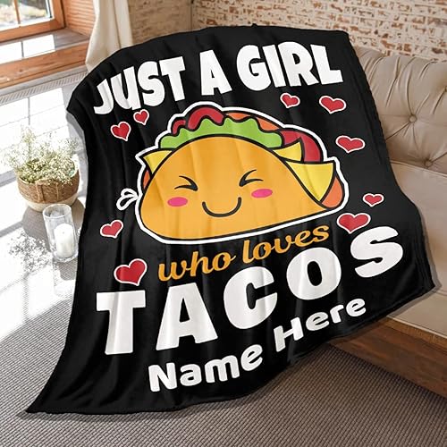 Manta personalizada con texto en inglés Just Girl Who Loves Tacos, manta personalizada de franela para hombres y mujeres, regalo de 60 x 80