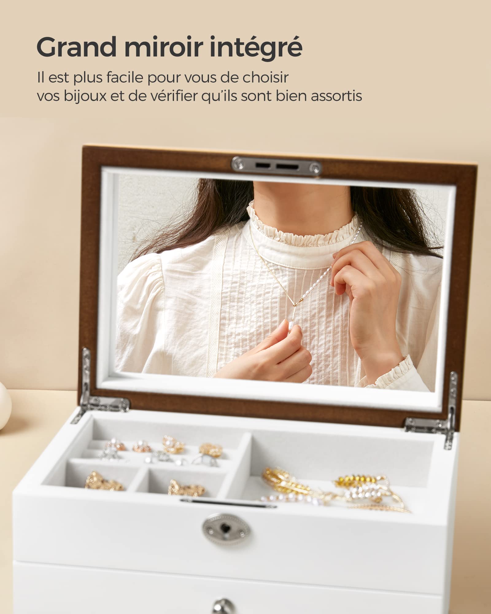 SONGMICS Boîte à Bijoux à 3 Niveaux, Rangement à Bijoux en Bois d'Ingénierie, Coffret à Bijoux avec Tiroirs, pour Bagues, Boucles d’Oreilles, Bracelets, Colliers, Blanc JOW15WN