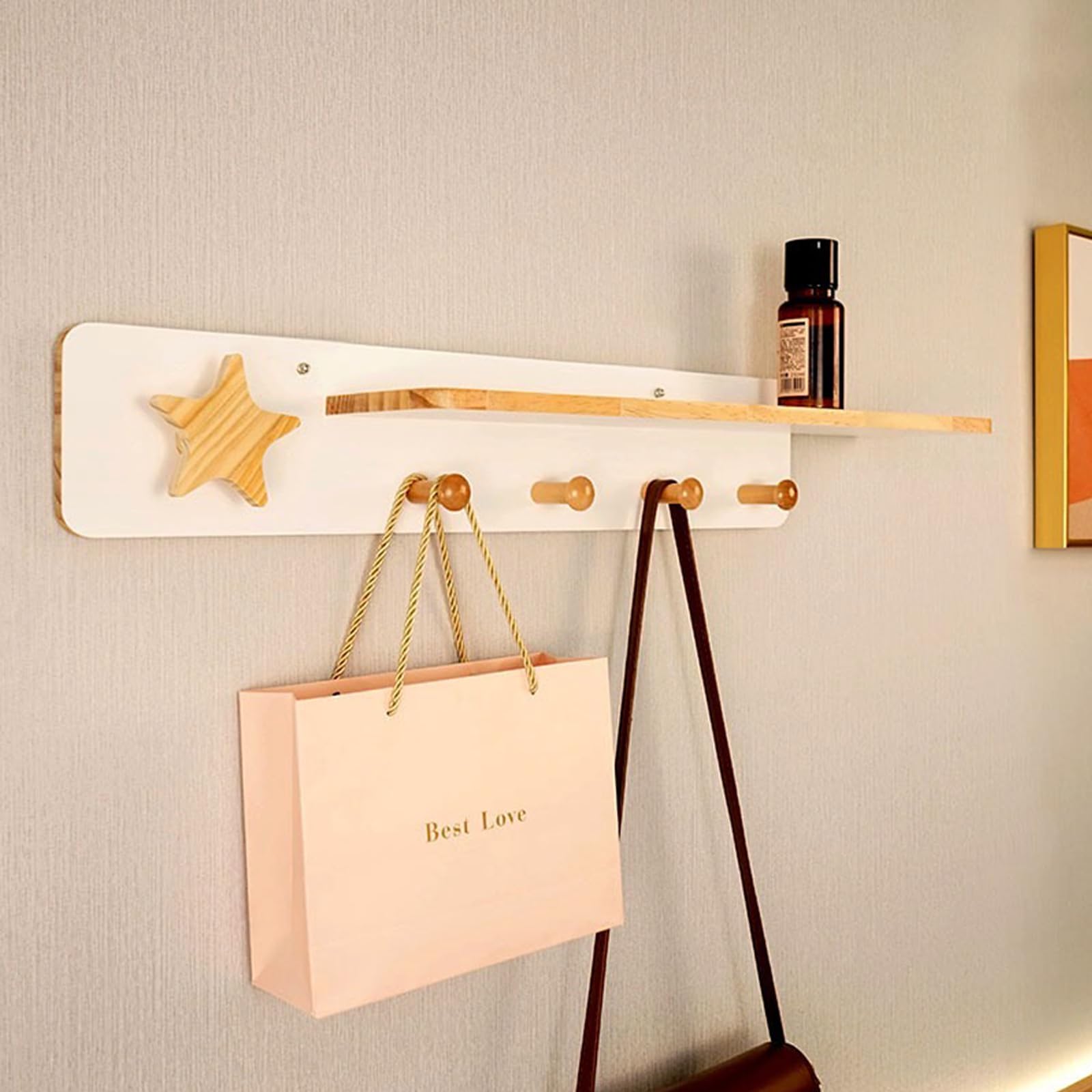 Yisiziyo Solid Wood Coat Rack with Shelf Wall Mount,28 inch with 1 Cute Star Hook, 4 Hooks Wall Rack,Used for Hanging in corridors, Living Rooms, Kid's Rooms for Decoration and Storage(White)