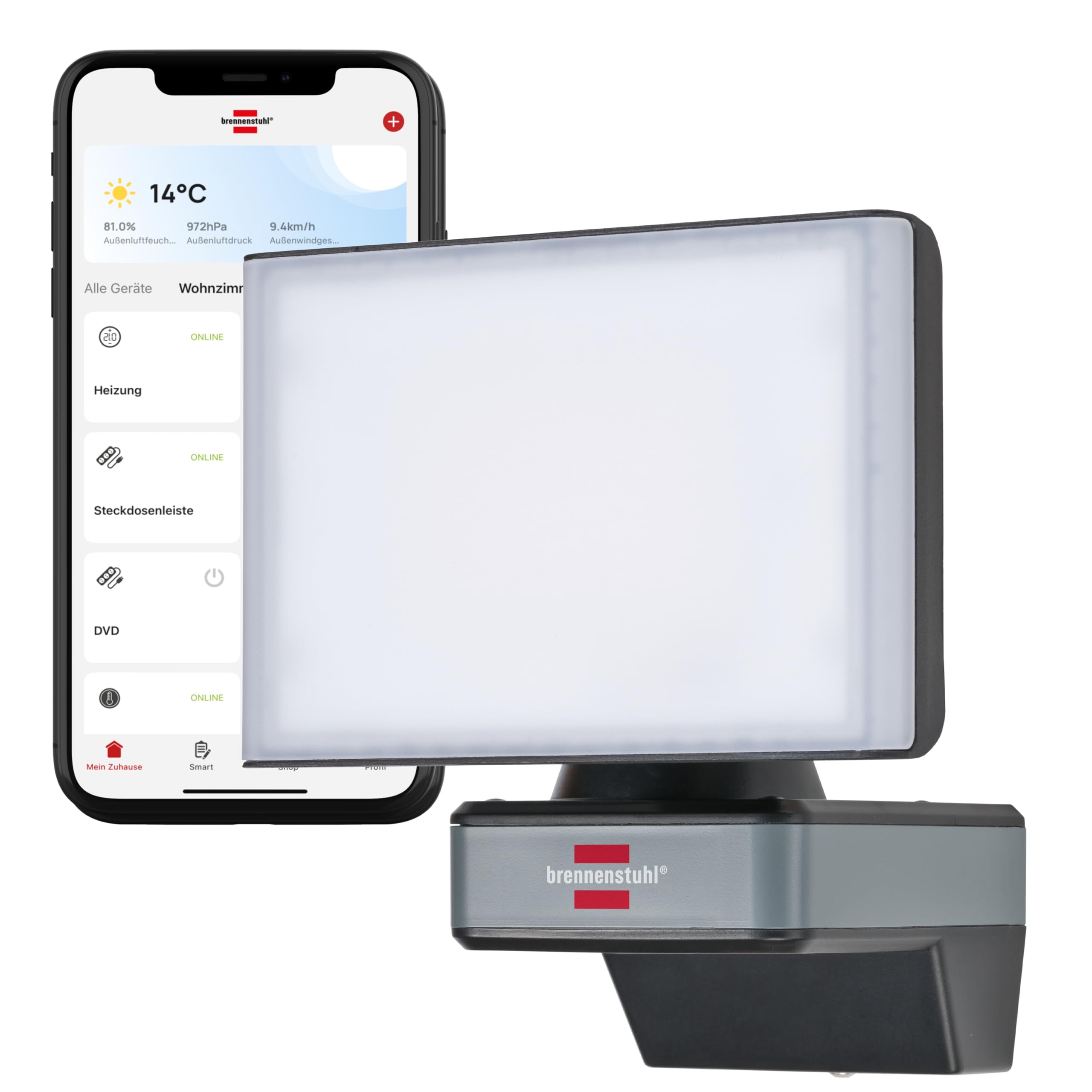 Brennenstuhl Connect WiFi LED Strahler WF 2050 (20W, 2400lm, IP54, diverse Lichtfunktionen über App einstellbar, Außenstrahler zur Wandmontage)