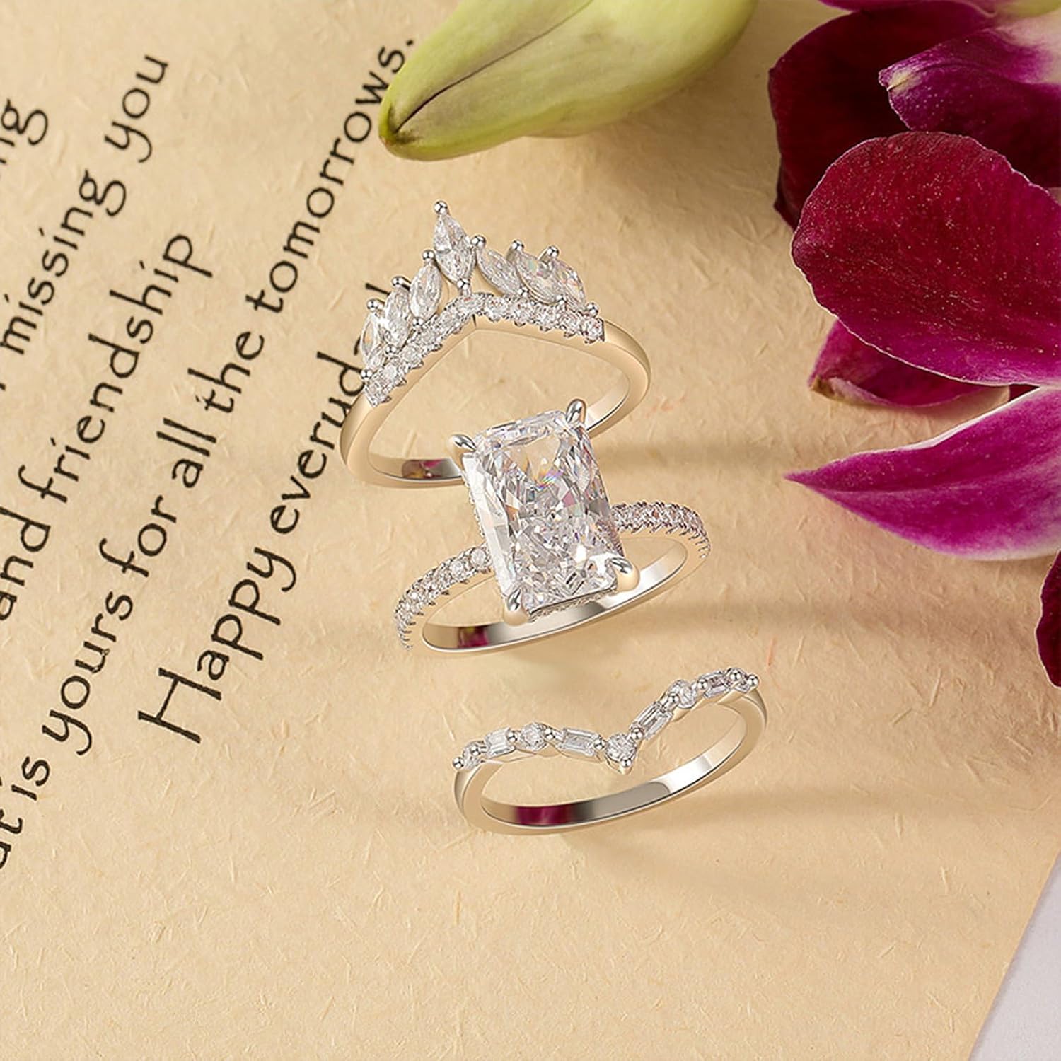 Jeulia 3PCS Radiant Cut Halo Engagement Ring Set for Women, Sterling Silver Bridal Set with 6.93CT Diamonds, Wedding Band with Gift Jewelry Box