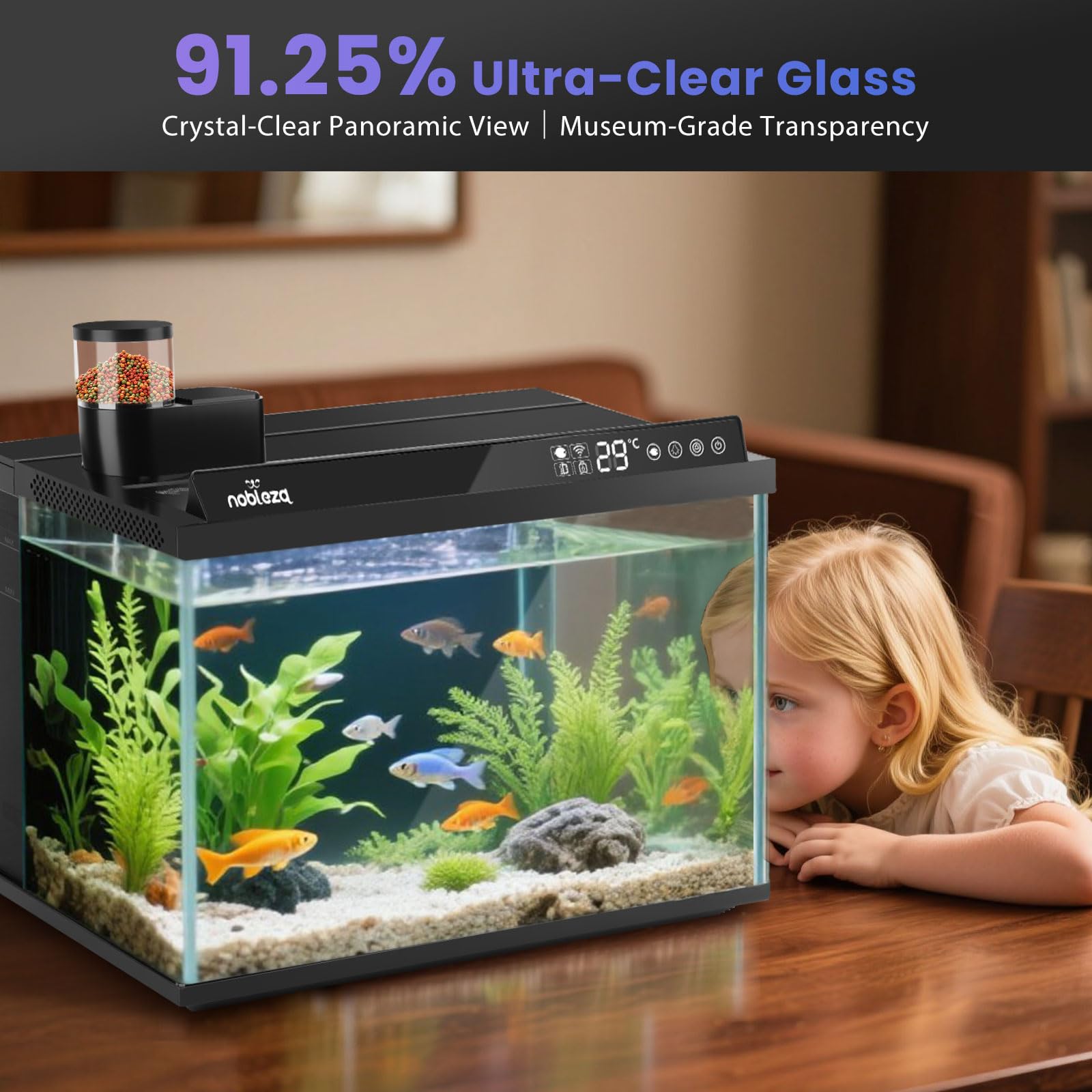 Nobleza Acquario Smart 30L, Set Completo WiFi con App e Cambio Acqua Rapido | Vasca da 30L in vetro ultra-chiaro con controllo smart, pompa a 3 stadi, mangiatoia automatica e luci a 6 modalità per uffici