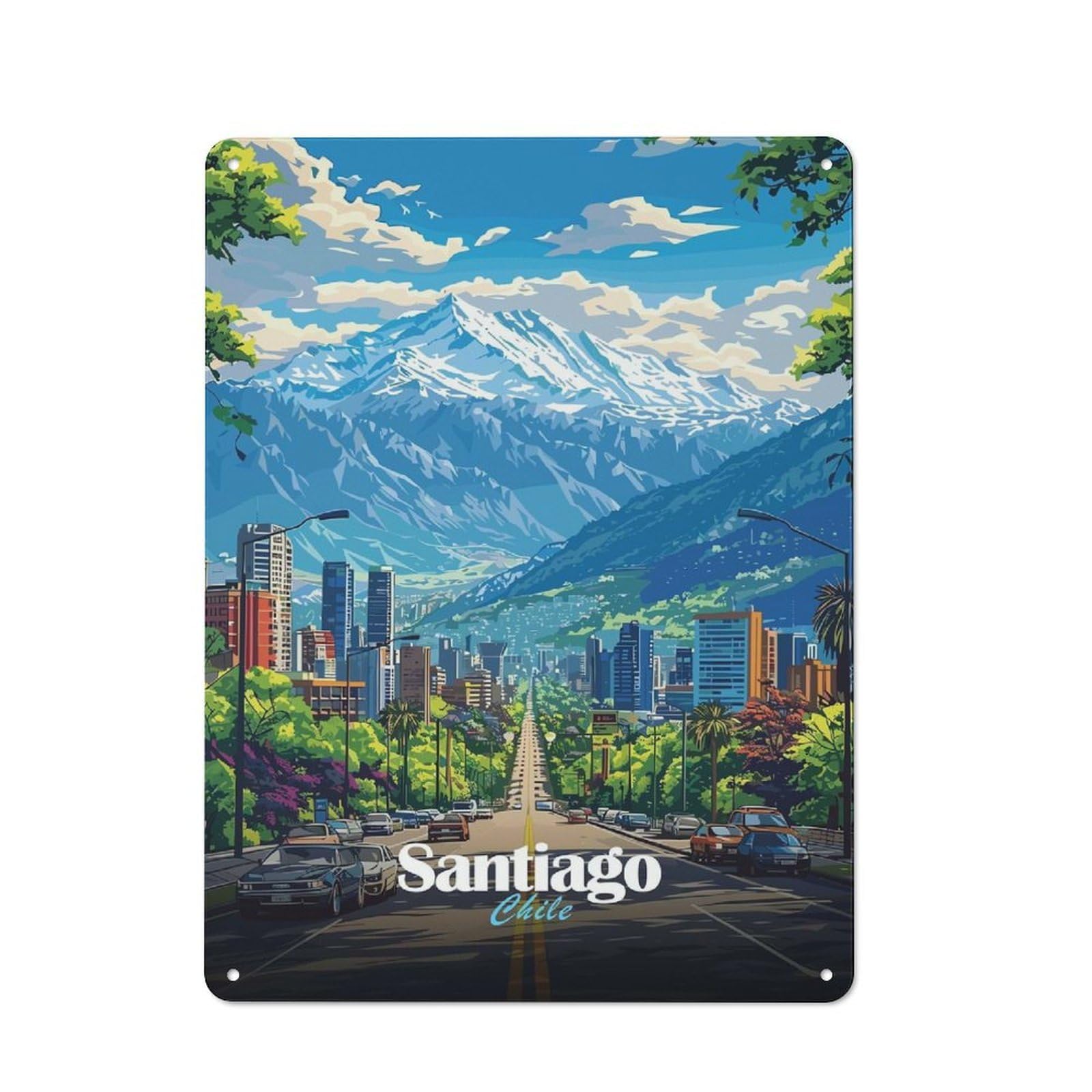 Junmoney Style-3 Simple Retro Santiago, Chile Cityscape Metal Desk Wall Sign 40X30cm, Studio Wall Plaque For Workspace, Cafe, Shop Or Desk Area