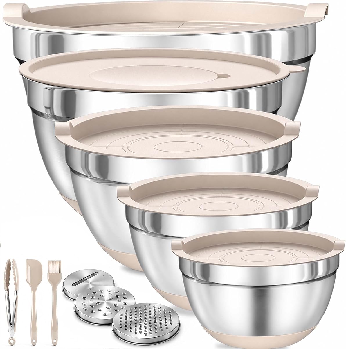 Juego de tazones para mezclar resistentes con tapas herméticas: 11 tazones de cocina anidados de acero inoxidable, tazones para mezclar con fondos antideslizantes y accesorio para rallador, lo mejor para mezclar y servir