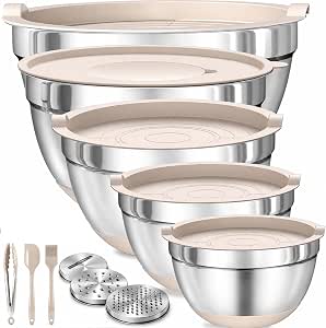 Four Flowers Stainless Steel Mixing Bowls with Lids, 11-Piece Nesting Set