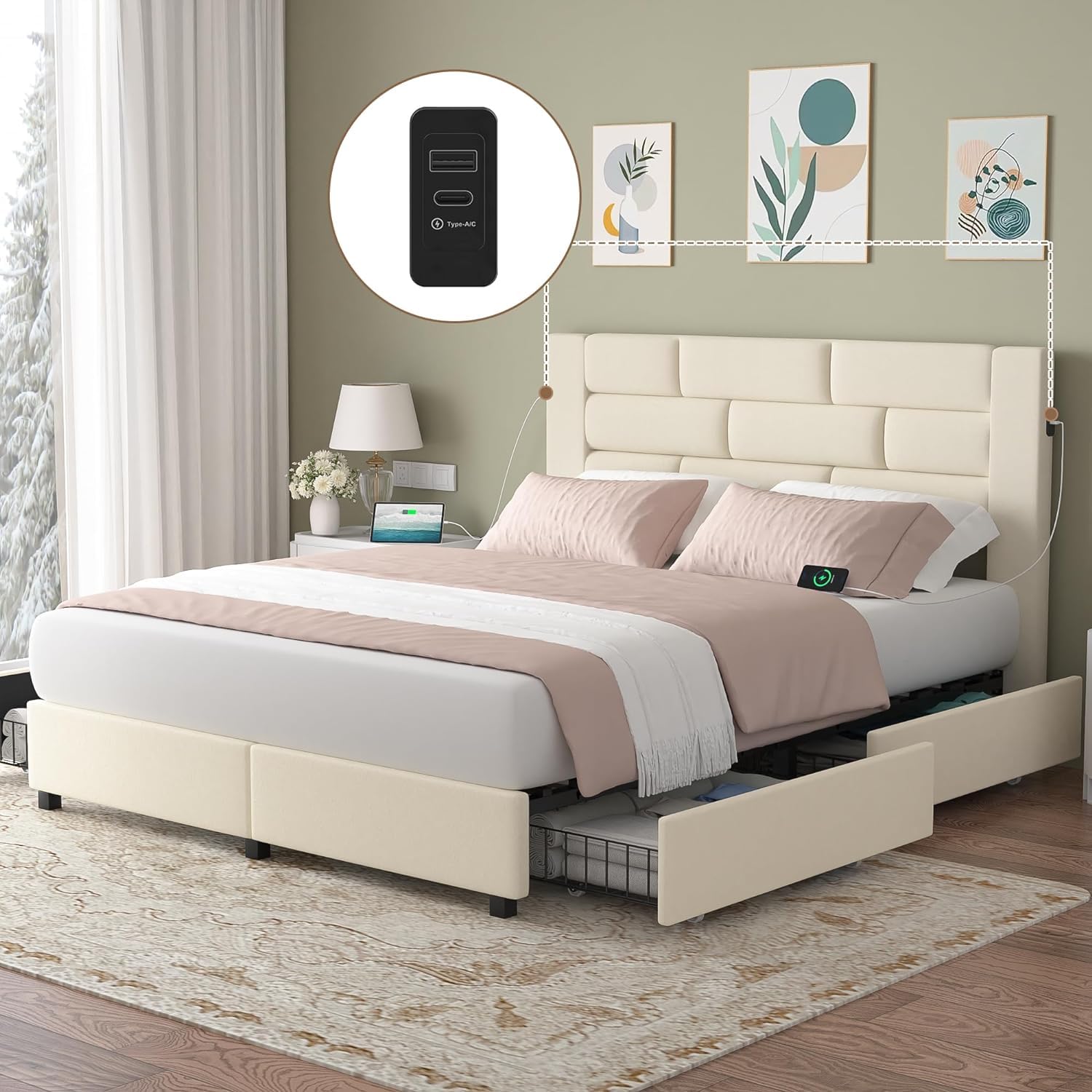 VECELO Queen Upholstered Bed Frame with 5 Storage Drawers, with Type A & C USB Charging Station and Velvet Headboard, No Box Spring Needed, Easy to Assemble, Beige