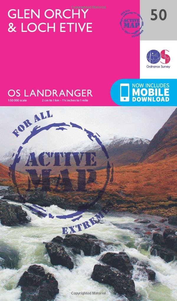 Ordnance Survey Unisex Pink Landranger Active 50 Glen Orchy & Loch Etive Map With Digital Version,