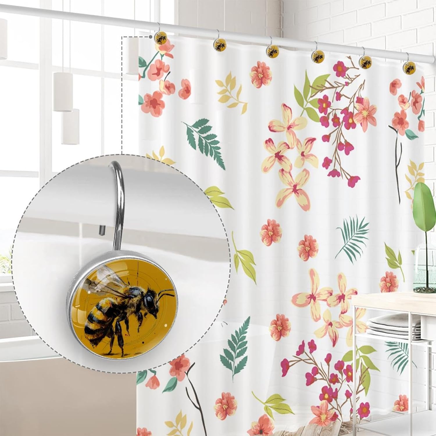 Set of 12 Shower Curtain Hooks, Shower Curtain Rings Crystal Glass Decorative Bathroom Hook, Bee (11)
