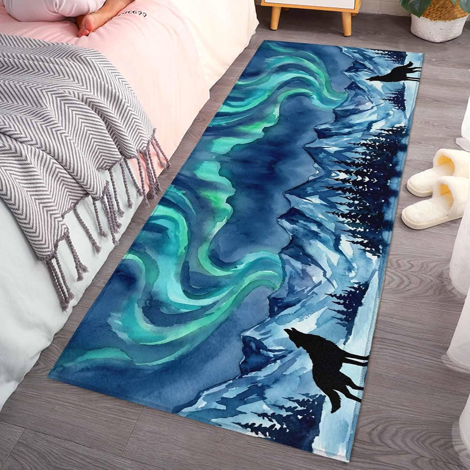 Teamery Kitchen Mats for Floor Green Lights Wolf Washable Non Slip Kitchen Rugs 1PCS, Watercolor Mountain Background Absorbent Standing Mats for Sink Bathroom Office Living Room 23.6x70.9in