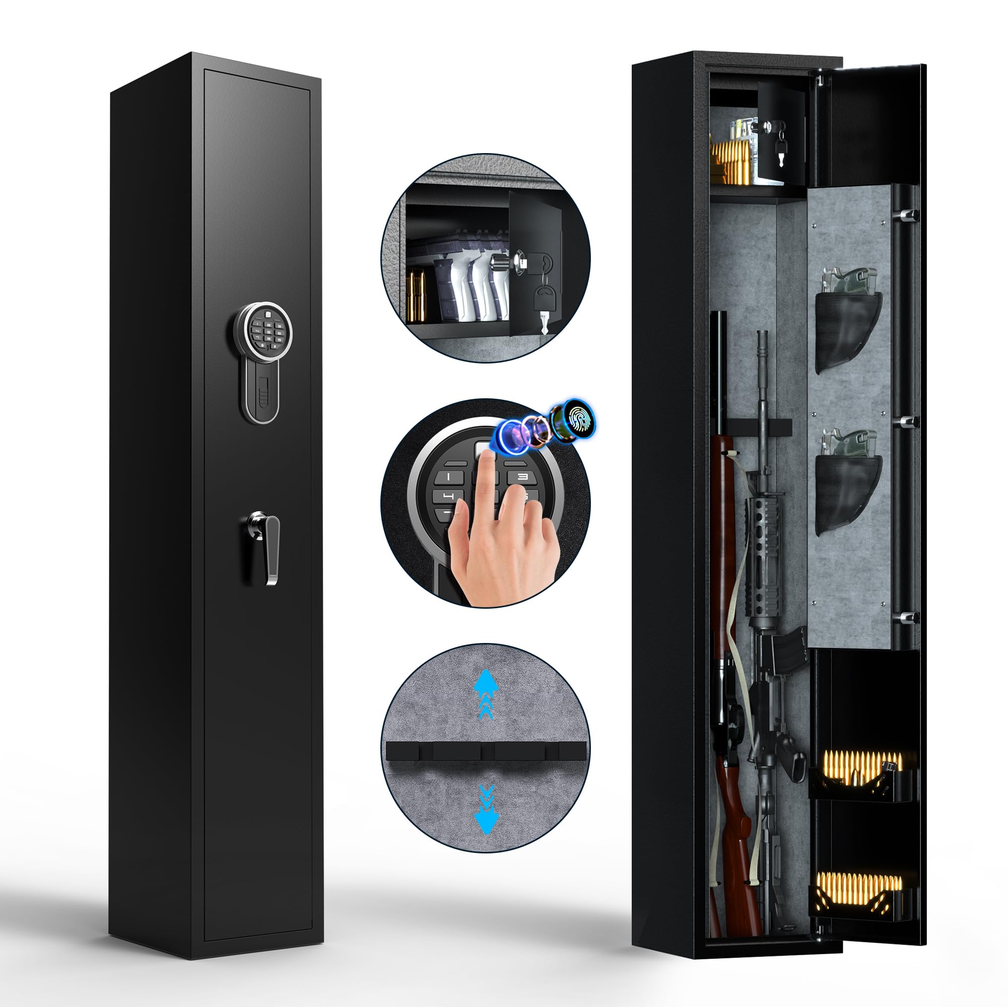 Rifle Gun Safe with Quick Access Fingerprint/Keypad Lock, Gun Security Cabinet Long Safes Gun Cabinet for Shotguns with Pistol Pocket, Black (3 Gun Fingerprint-Black)