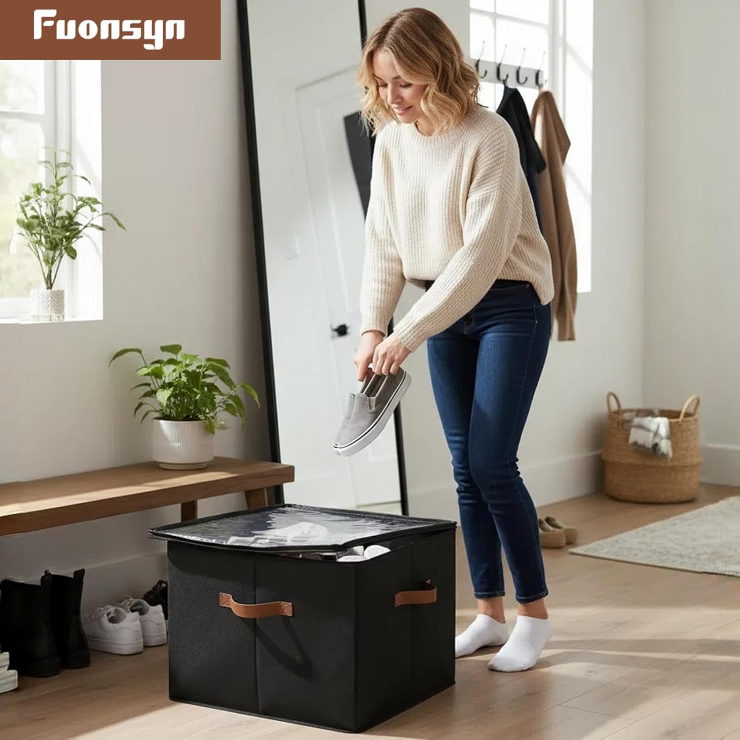 Shoe Organizer for Closet, 2 Pack Shoe Storage Bins with Clear Cover, Foldable and Adjustable Dividers, Fits 16-32 Pairs, Black