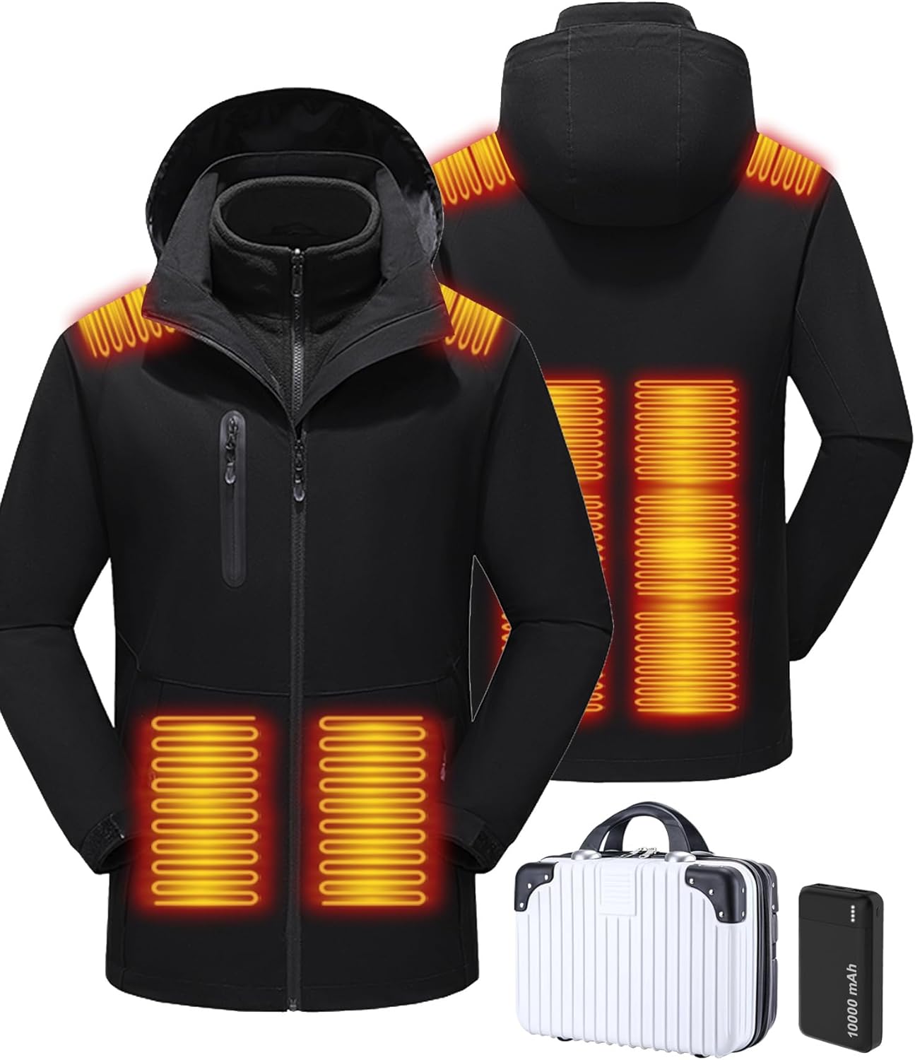 Men's Heated Jacket with Battery Pack, 10-Zone Electric Heating Jackets, Windproof Insulated Coat, Detachable Hood