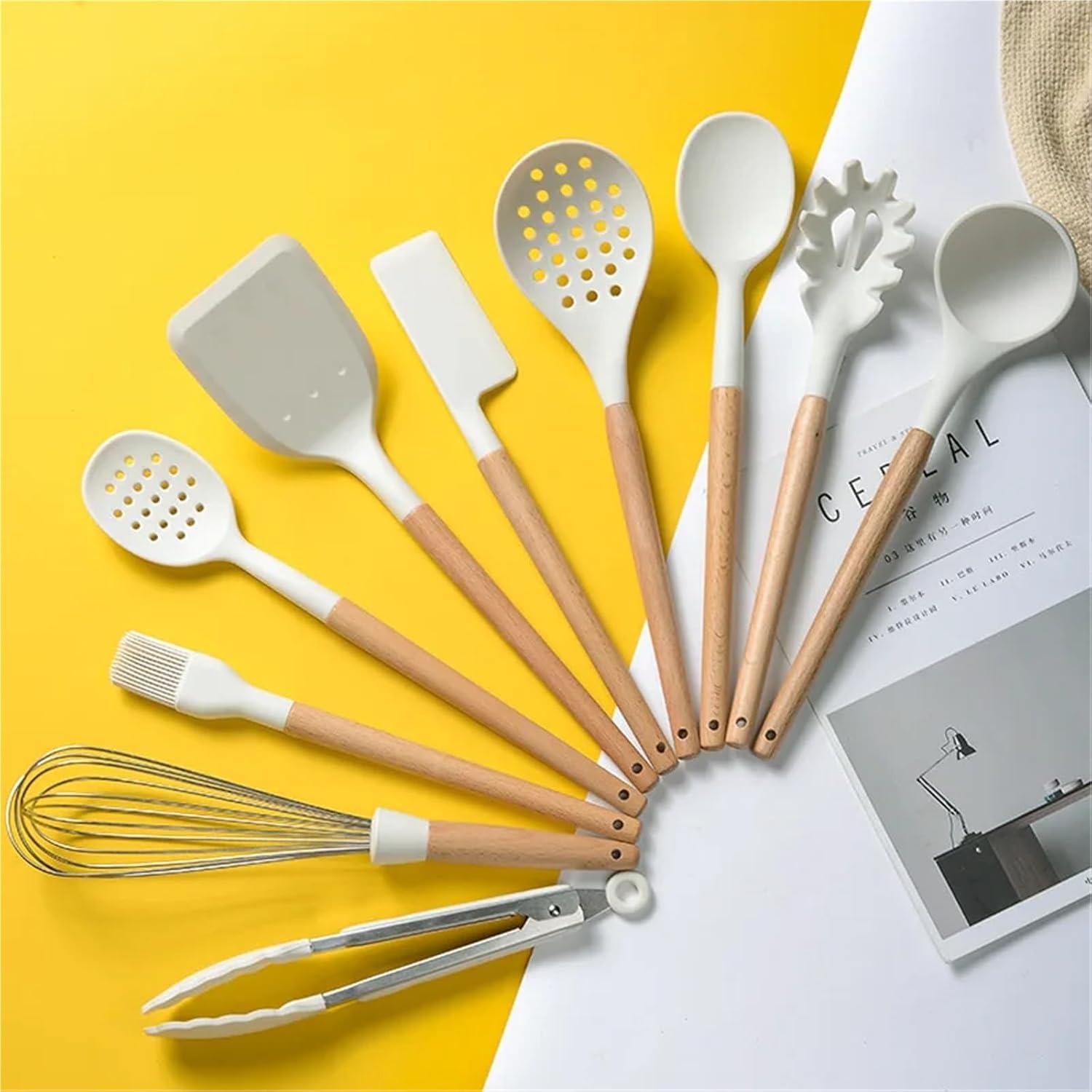 High Temperature Resistant Silicone Kitchen Cookware Non-Stick Wooden Handle Spatula Shovel Baking Cooking Utensils Set(Slotted Spoon(Large))