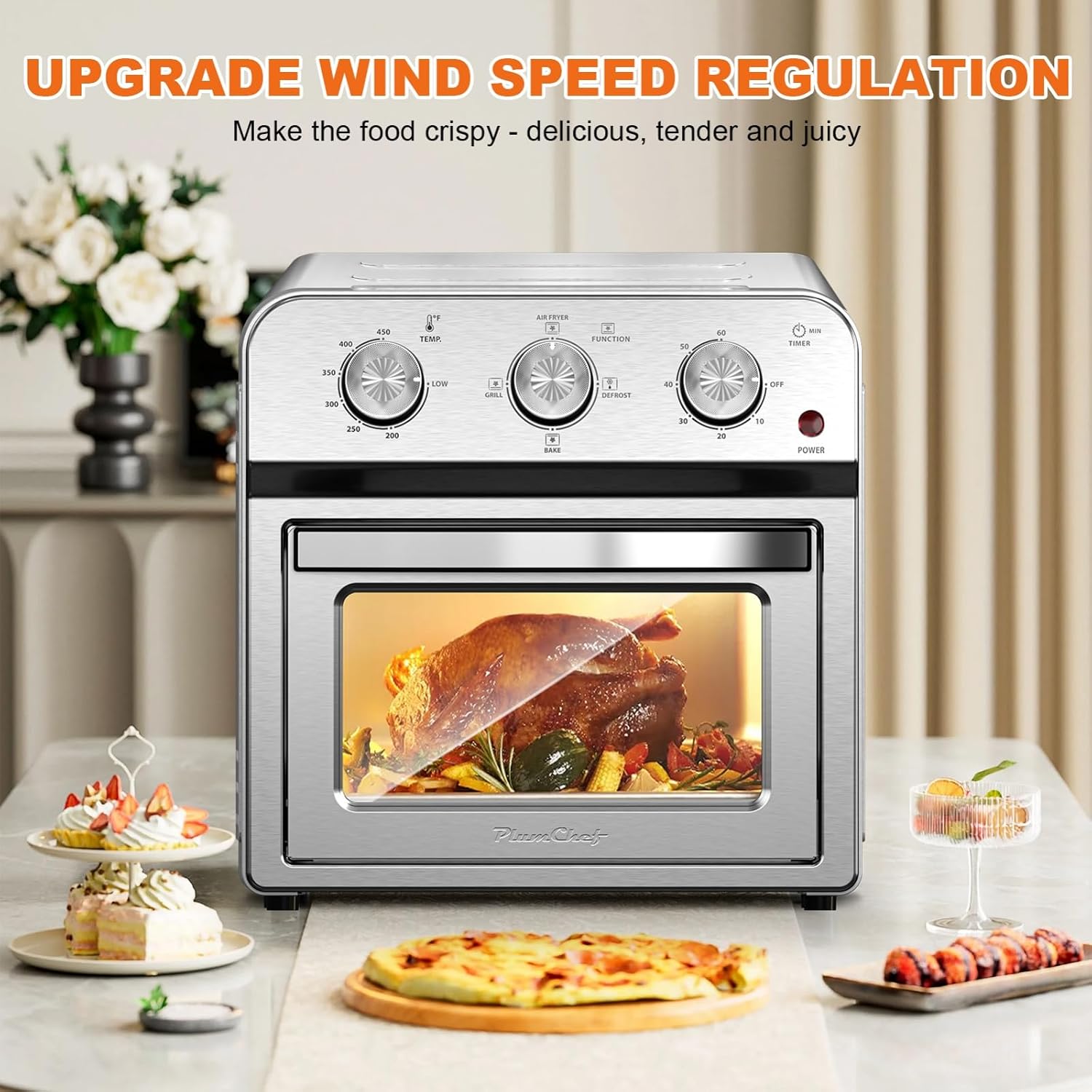 Family Size Air Fryer Toaster Oven Combo,13QT,360° Hot Air Circulation for Healthy Oil-Free Cooking, Multifunctional Convection Contertop Oven, Adjustable Time & Temp Control, Stainless Steel
