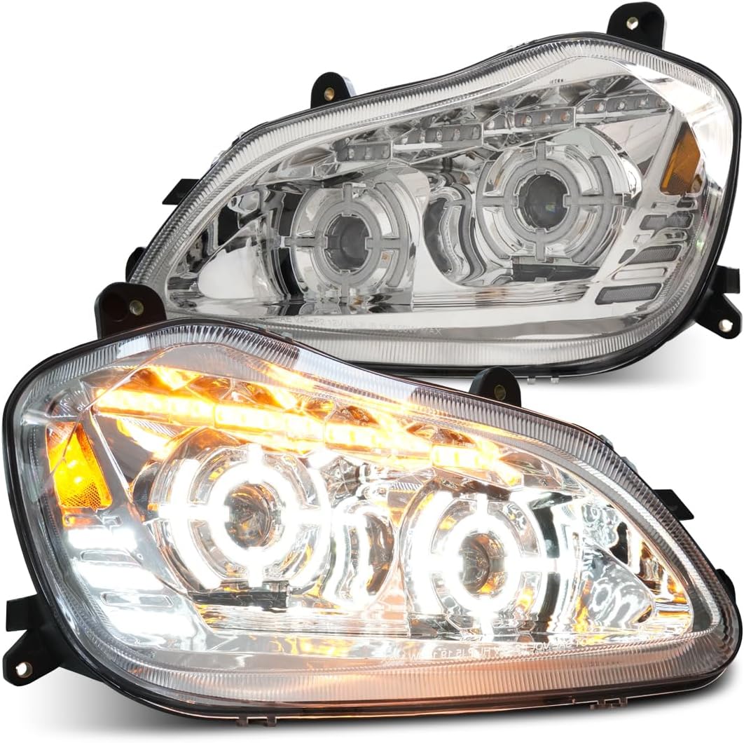 LED Projector Headlights (Pair) Compatible with Kenworth T680 2013-2021 Models IP67 Waterproof, Anti-Fog Sealing, Sequential Signal & Halo Blackout DOT/SAE Compliant