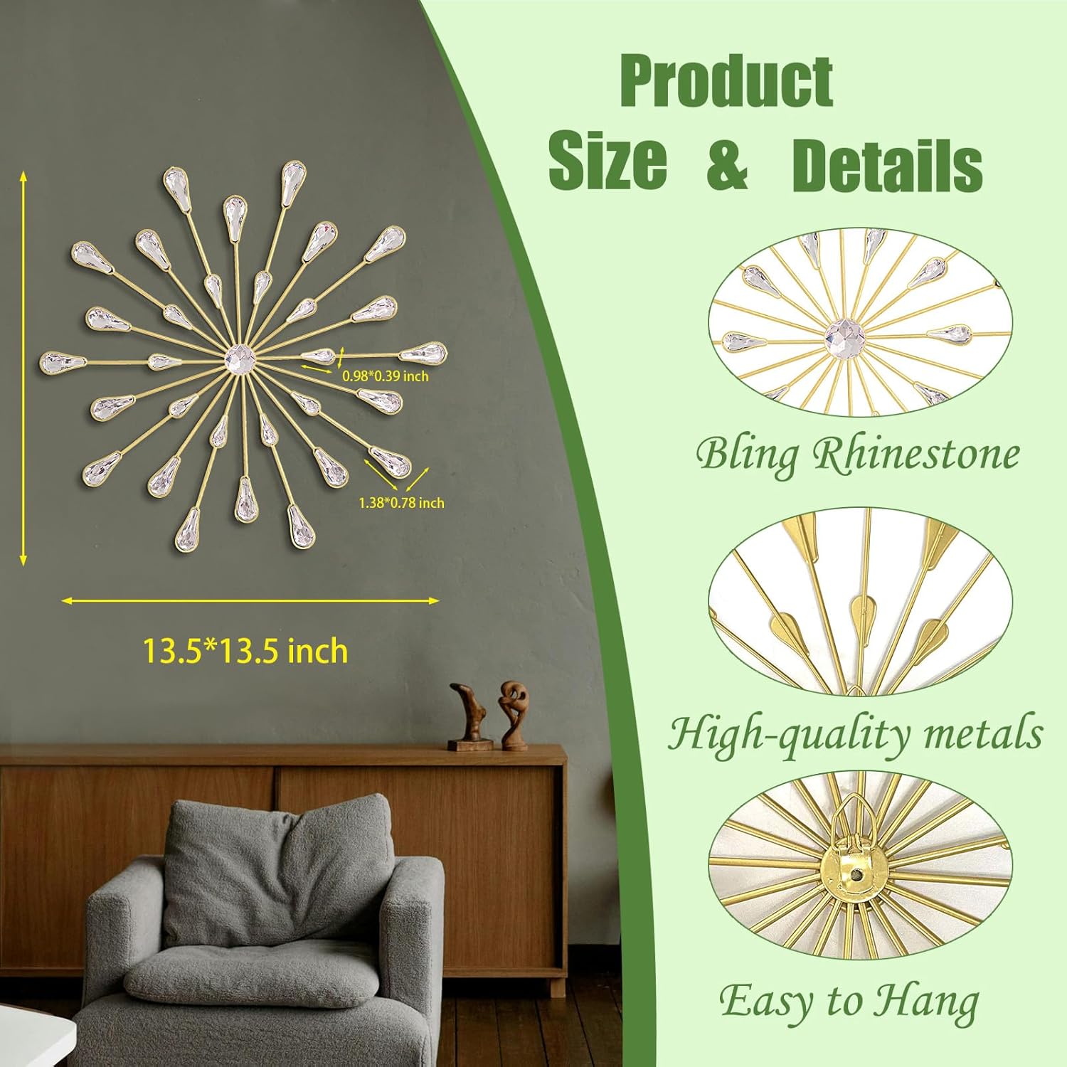 ZEXUIRU 3 Pack Gold Sunburst Wall Decor – Metal Crystal Wall Art with Sparkling Rhinestones, 14’’/18 Inch Starburst Wall Hanging Set for Living Room Bedroom Bathroom – Modern Bling Home Decorations - Image 4