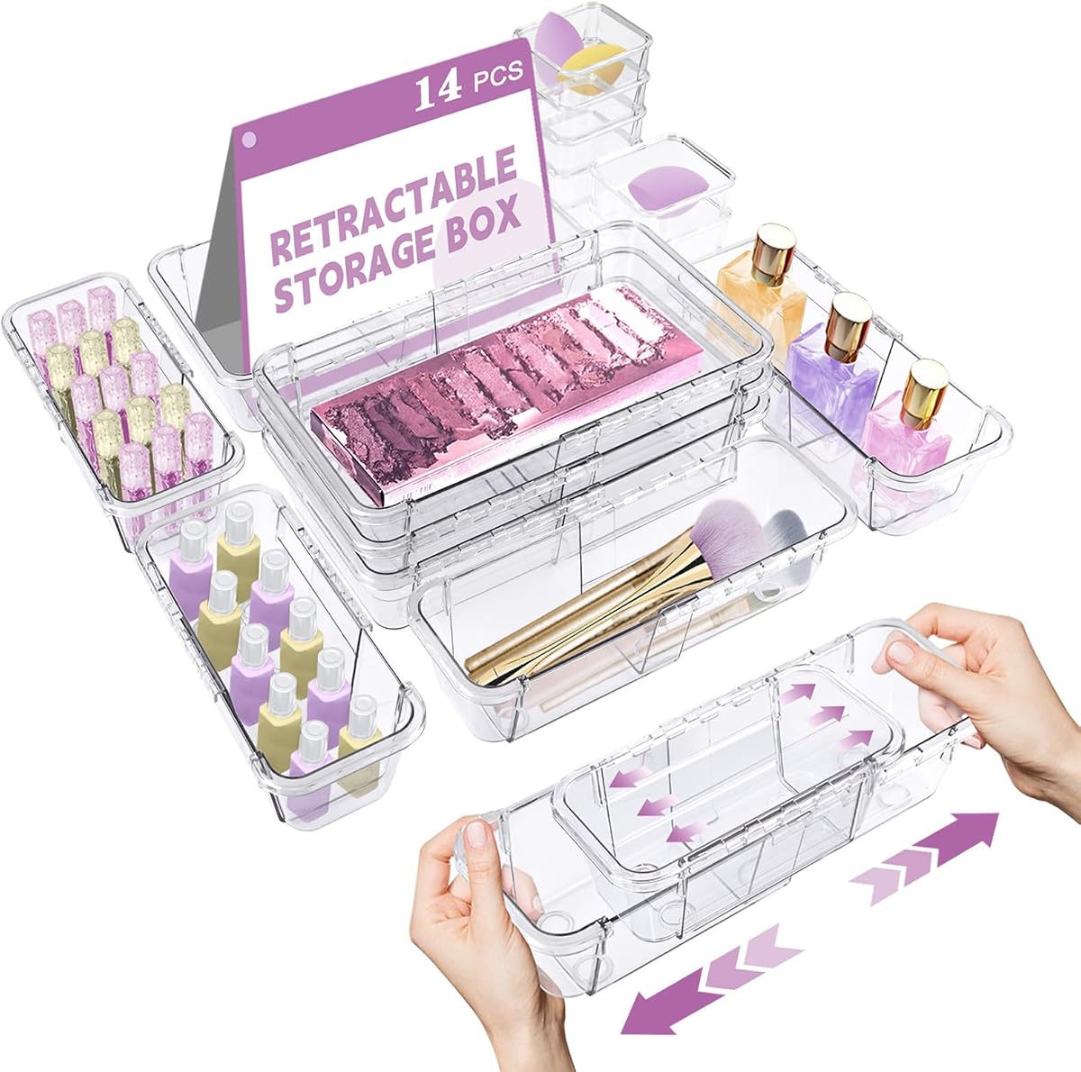 14 Pcs Adjustable Drawer Organizer, Clear Drawer Organizer Expendable | 3-Size Desk Drawer Organizer, Acrylic Storage Bins for Makeup, Cosmetic, Kitchen Utensils, Bedroom Dressers, Tool Organizer