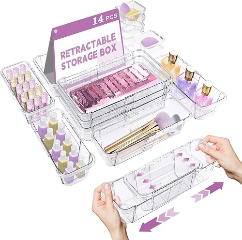 Clear Retractable Drawer Organizer Bins, 14-Piece Set