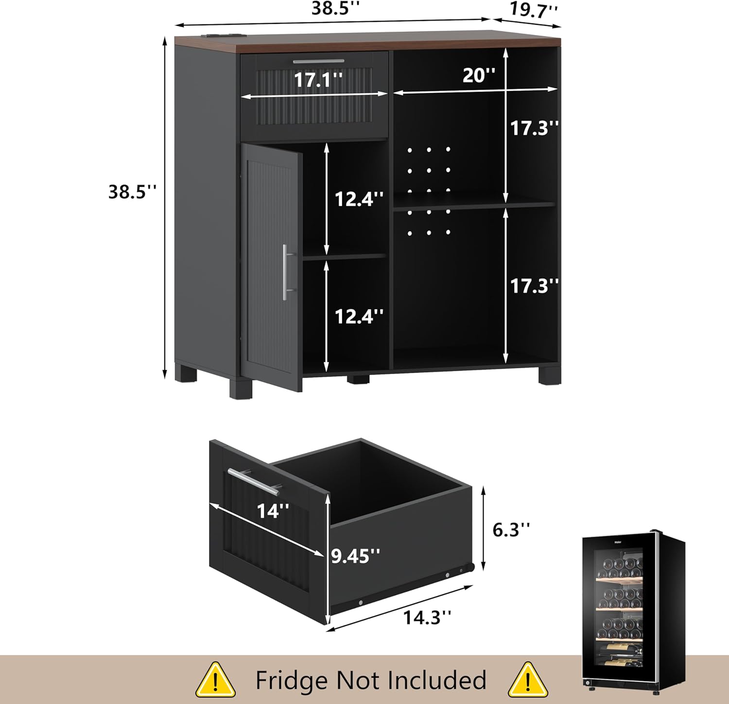 VORONOI Mini Coffee Bar Cabinet with Fridge Space, 38.5" Fridge Cabinet with Power Outlet & Pull Out Drawer, Modern Fluted Design Wine Cabinet with storage for Home, Kitchen, Dining Room,Black