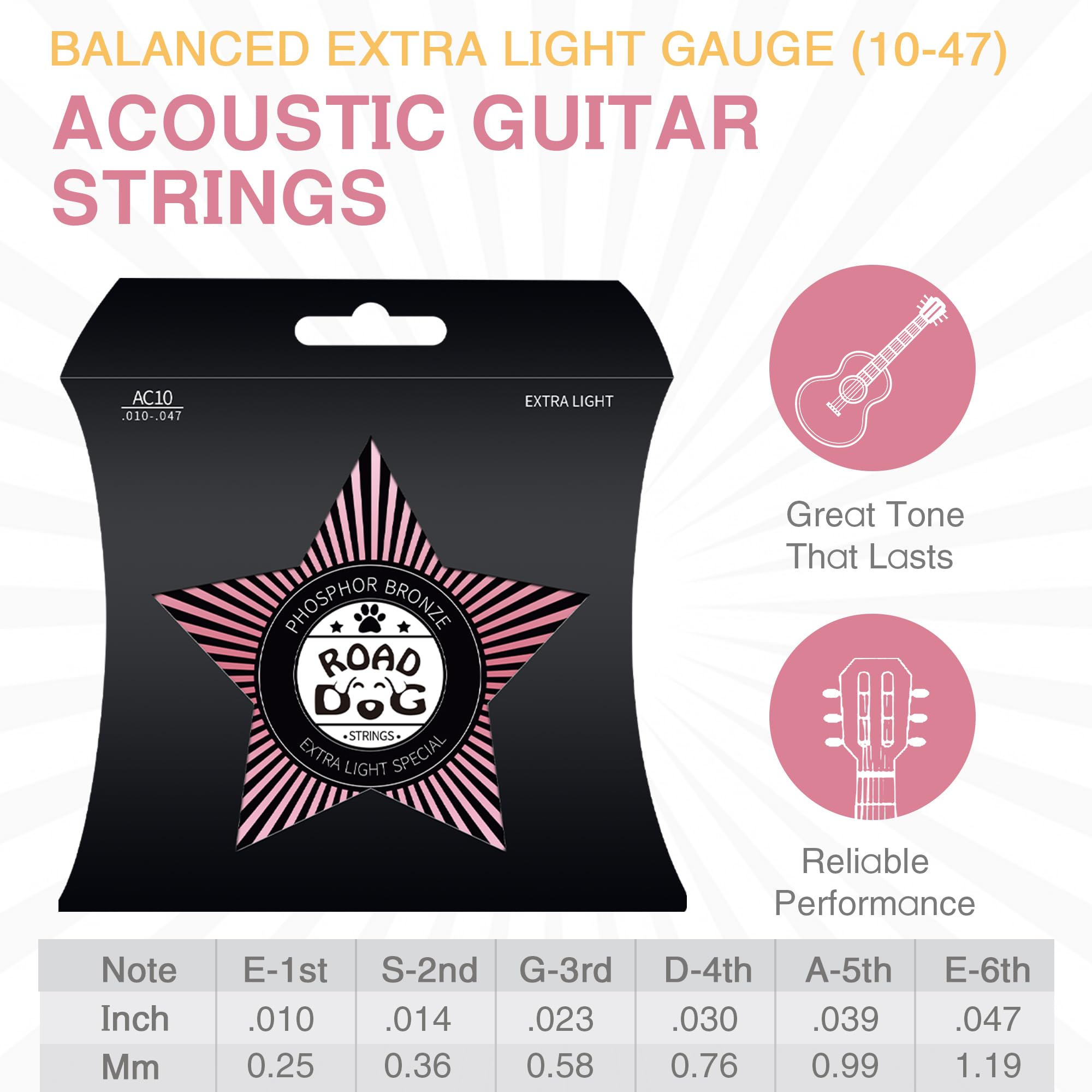 Cuerdas para guitarra acústica, acero chapado en níquel con revestimiento de iones PVD, juego de 6 cuerdas acústicas, sensación consistente, duradero, tono brillante (extra ligero, 10-47 (paquete de