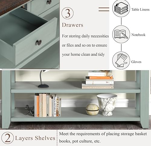 Miniatura 5 de Mesa consola de madera maciza de 48 pulgadas, mueble de almacenamiento con 3 cajones y 2 estantes para entrada, pasillo, sala de estar (verde)