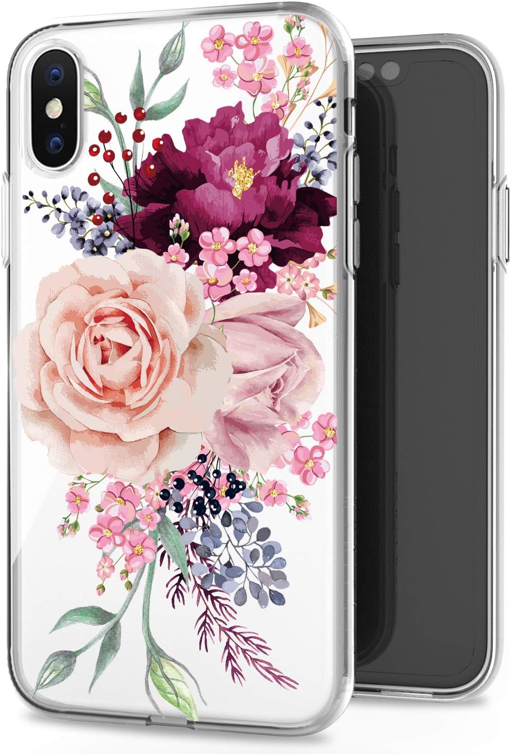 JAHOLAN Pink Rose Flower Cute Girls Floral Design Clear TPU Soft Slim Flexible Silicone Cover Phone Case for iPhone Xs Max 2018 6.5 inch