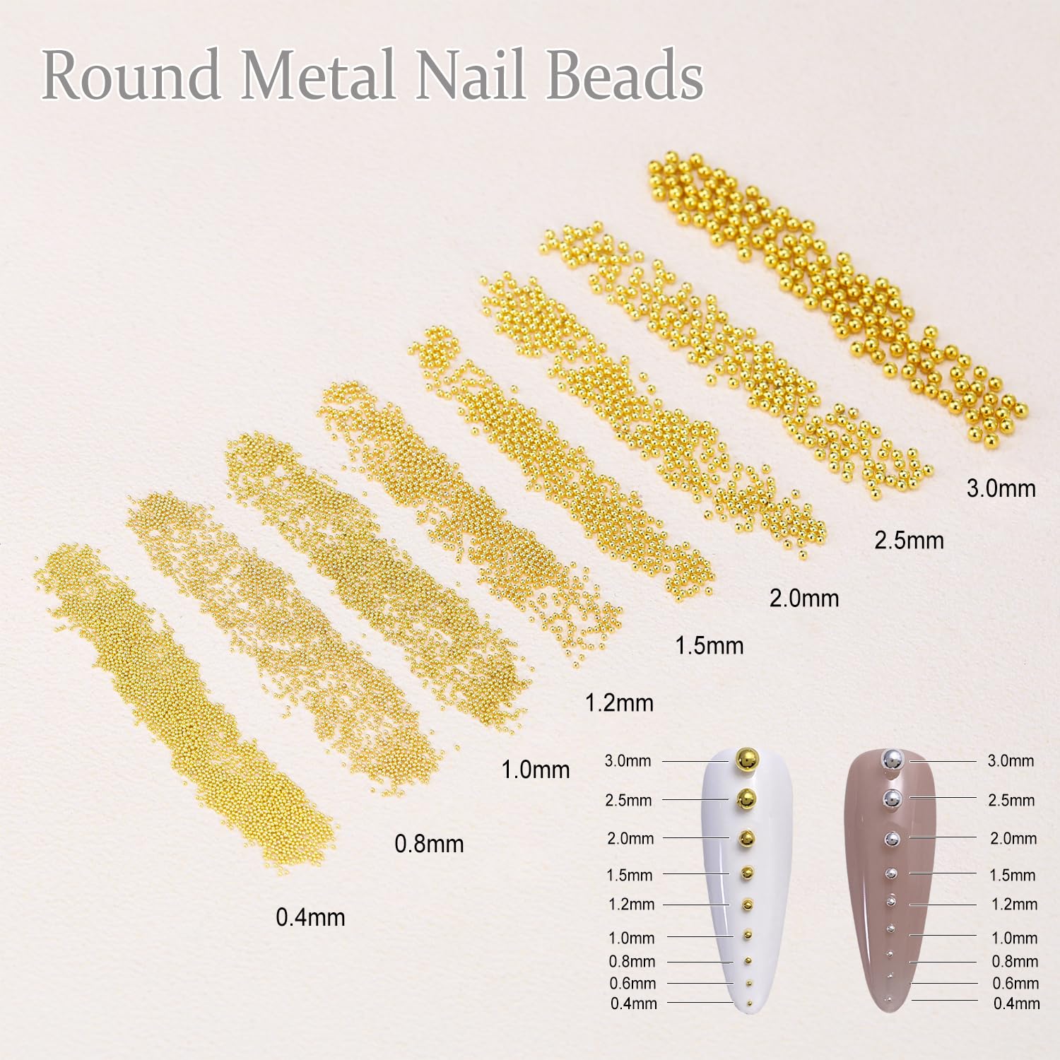Mini koraliki do paznokci, 1-3 mm, metalowe koraliki kawiorowe, srebrne i złote, koraliki do zdobienia paznokci, mikrokawior do paznokci, cyrkonie do dekoracji manicure