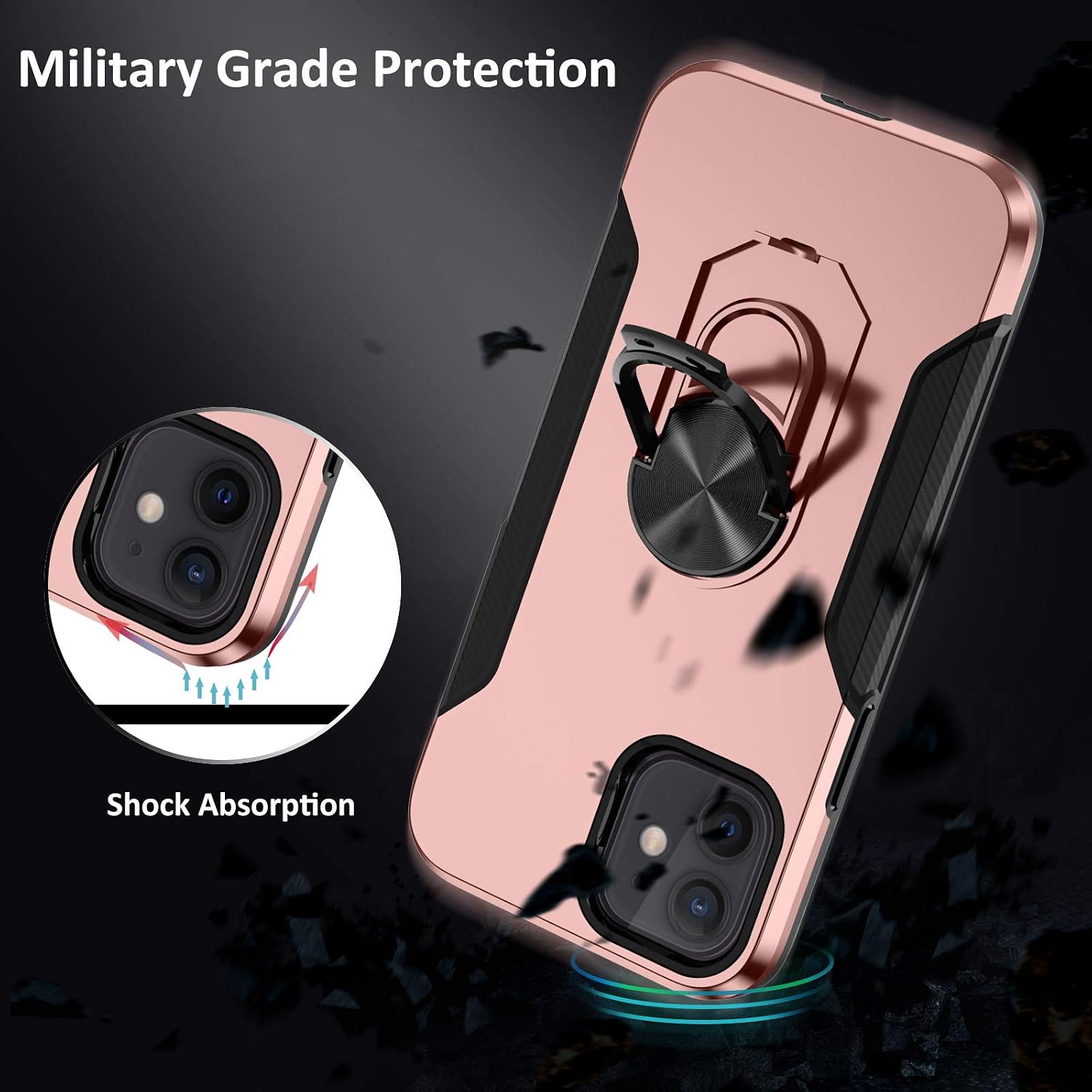 Charlam Compatible with iPhone 12 Cases 6.1 Inch, Compatible with iPhone 12 Pro Cases for Women, Slim Military-Grade Shock Resistant Dual Layer Protective Case with Ring Holder Kickstand, Rose Pink